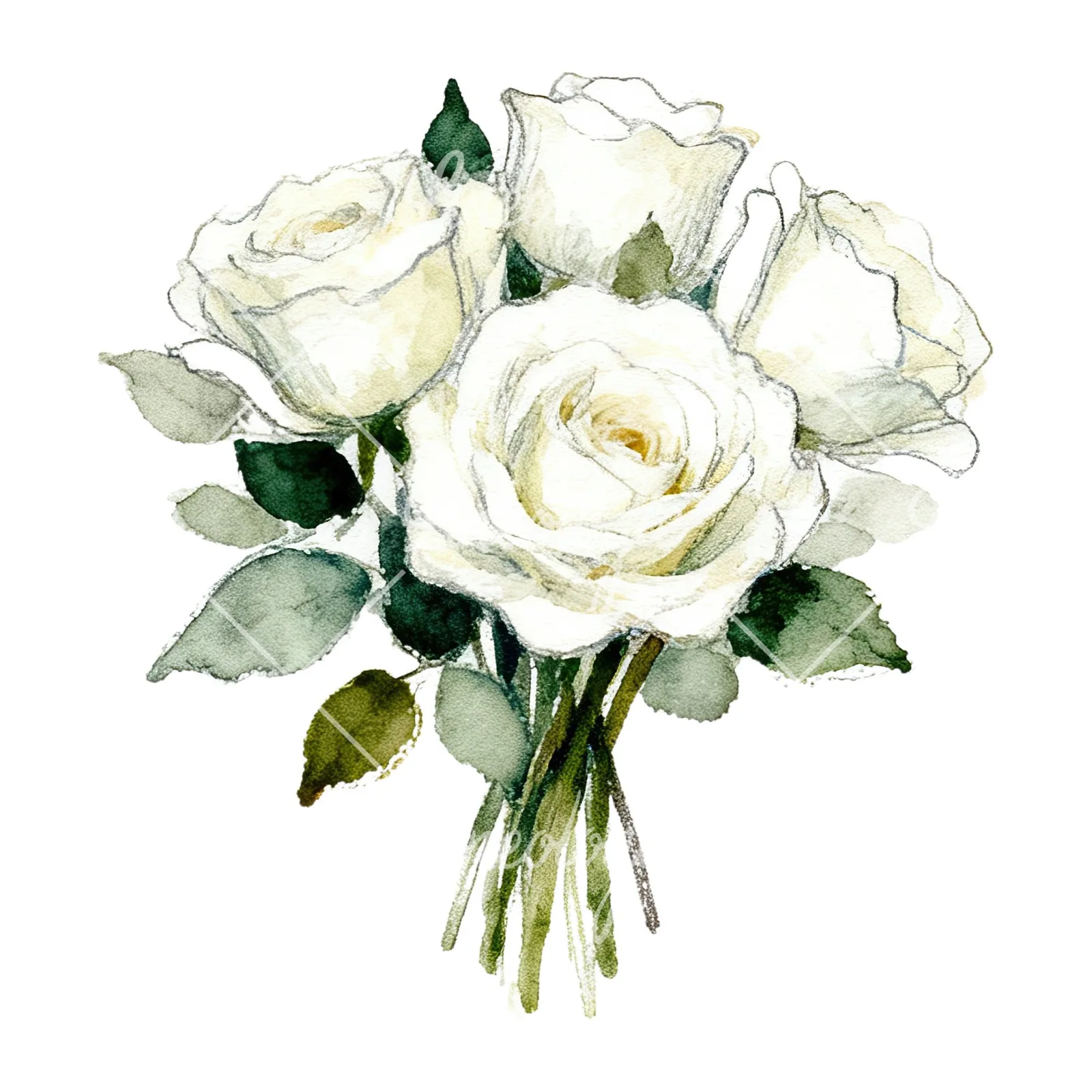 Watercolor white rose bouquet with greenery clipart 2 of 12 on a white background (JPG)