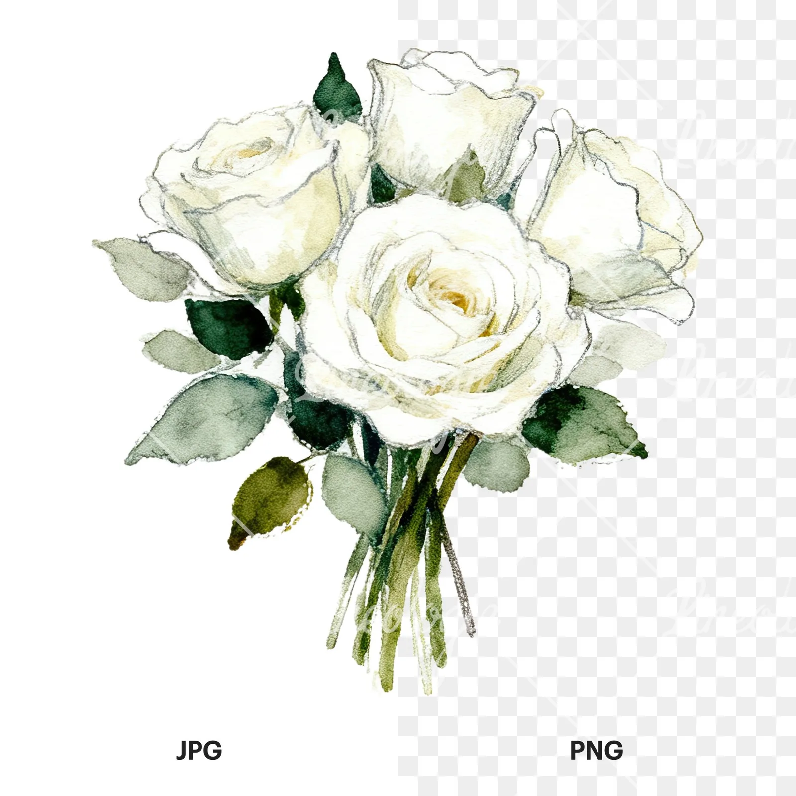 Watercolor white rose bouquet with greenery clipart 2 of 12, as a JPG on white and a transparent PNG