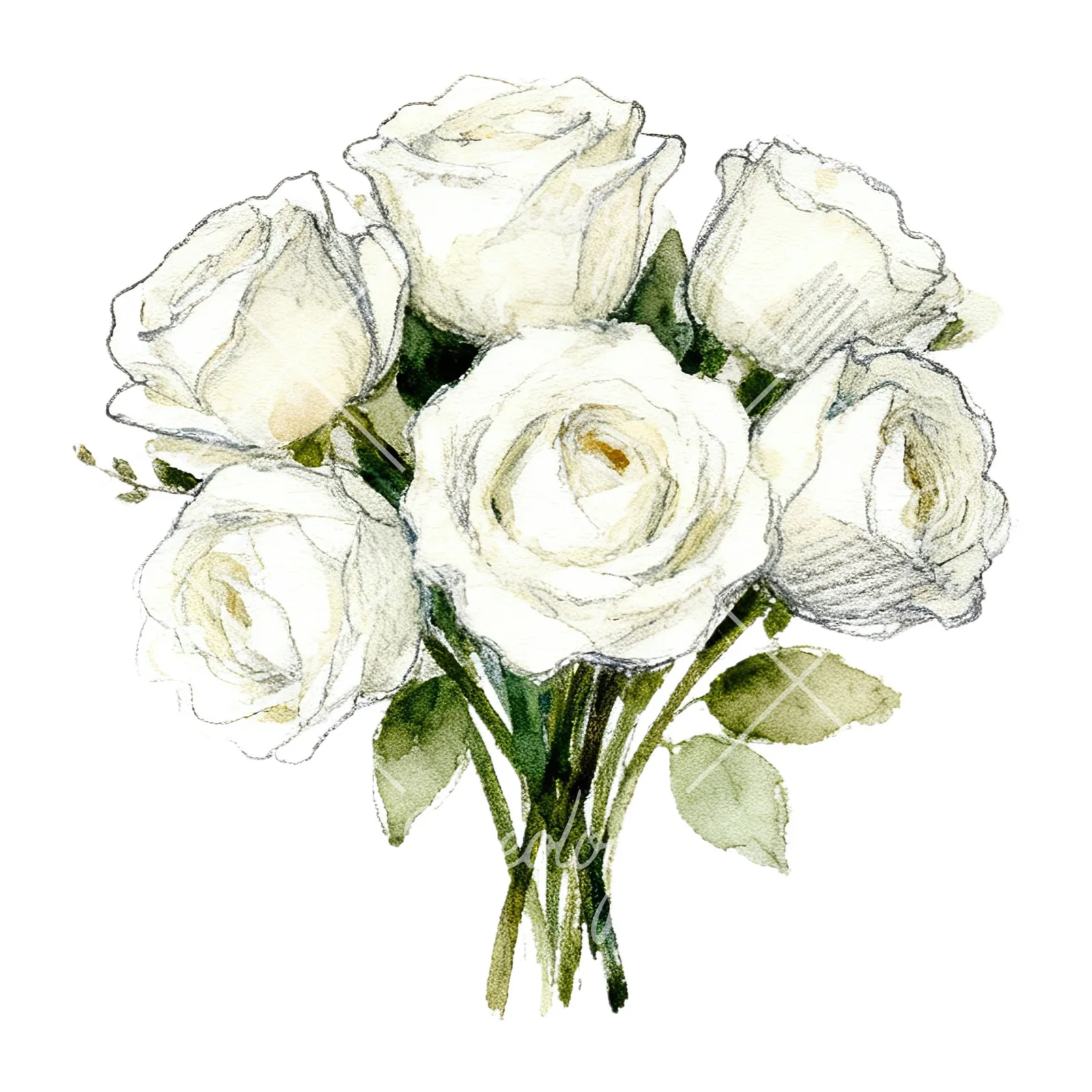 Watercolor white rose bouquet with greenery clipart 3 of 12 on a white background (JPG)