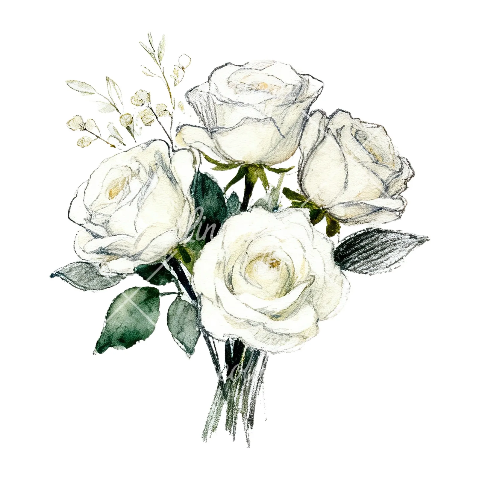 Watercolor white rose bouquet with greenery clipart 4 of 12 on a white background (JPG)