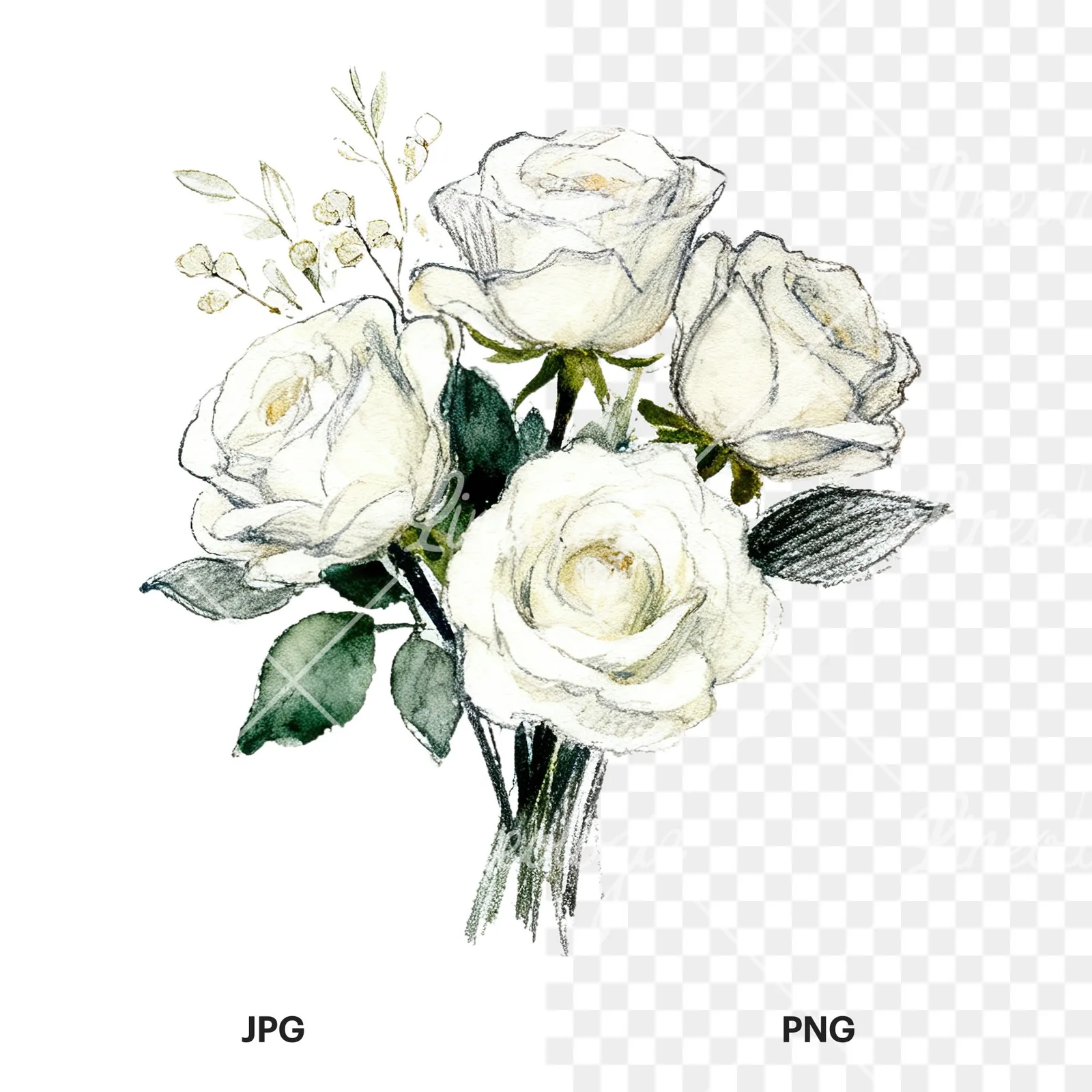 Watercolor white rose bouquet with greenery clipart 4 of 12, as a JPG on white and a transparent PNG
