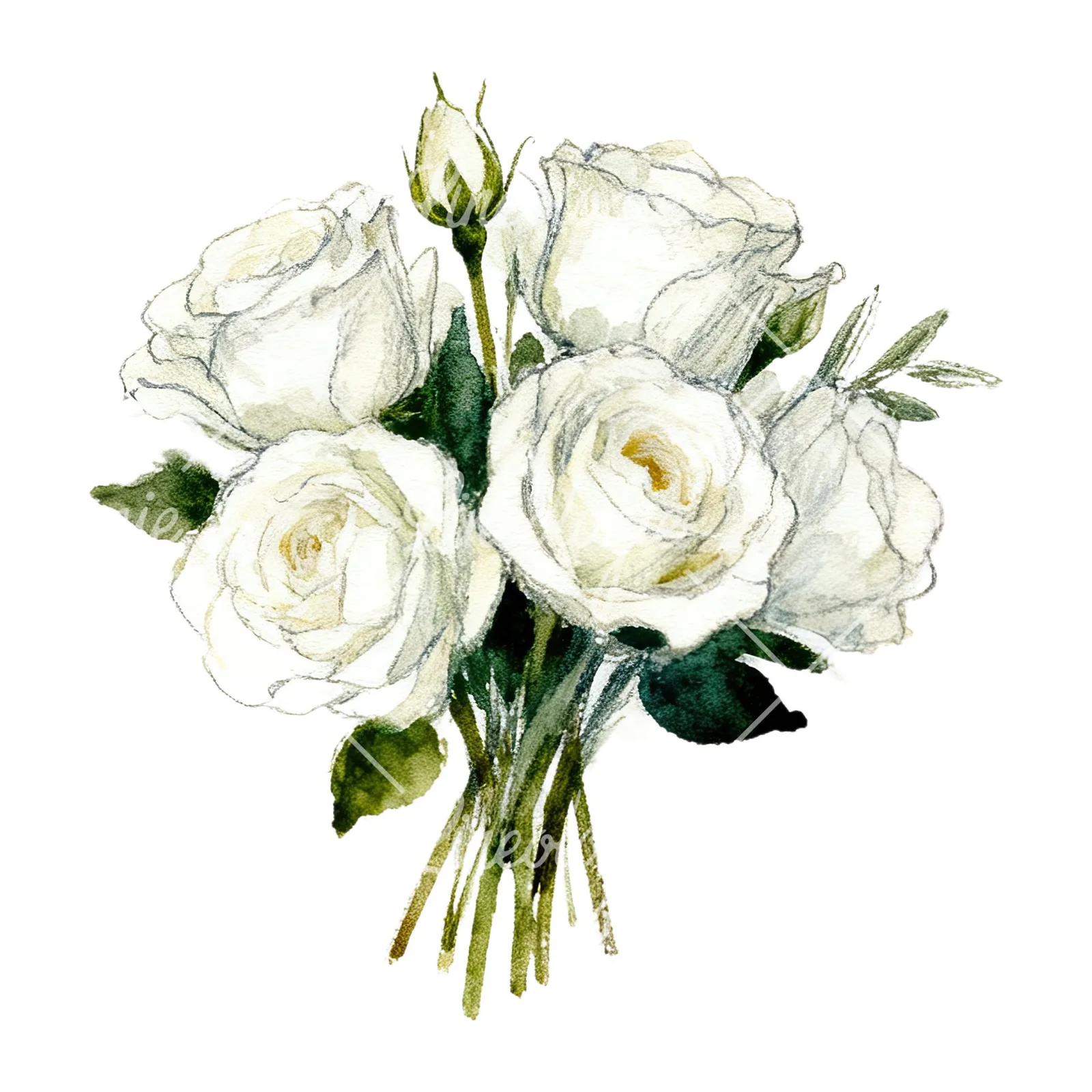 Watercolor white rose bouquet with greenery clipart 5 of 12 on a white background (JPG)