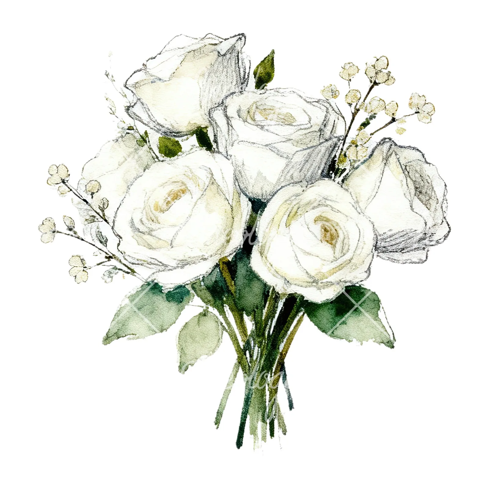 Watercolor white rose bouquet with greenery clipart 6 of 12 on a white background (JPG)