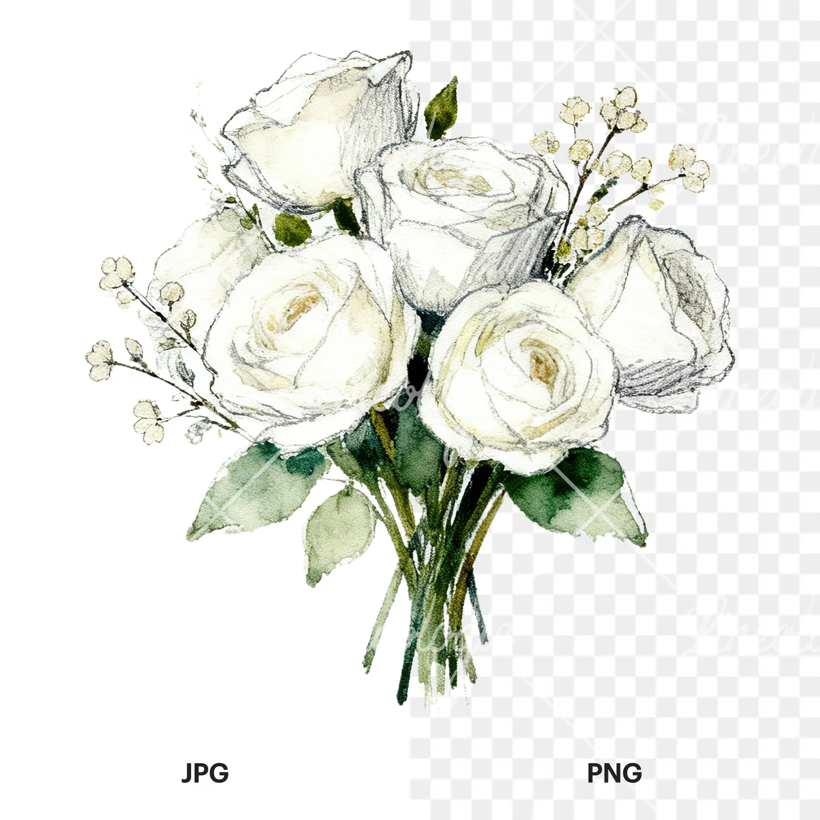 Watercolor white rose bouquet with greenery clipart 6 of 12, as a JPG on white and a transparent PNG