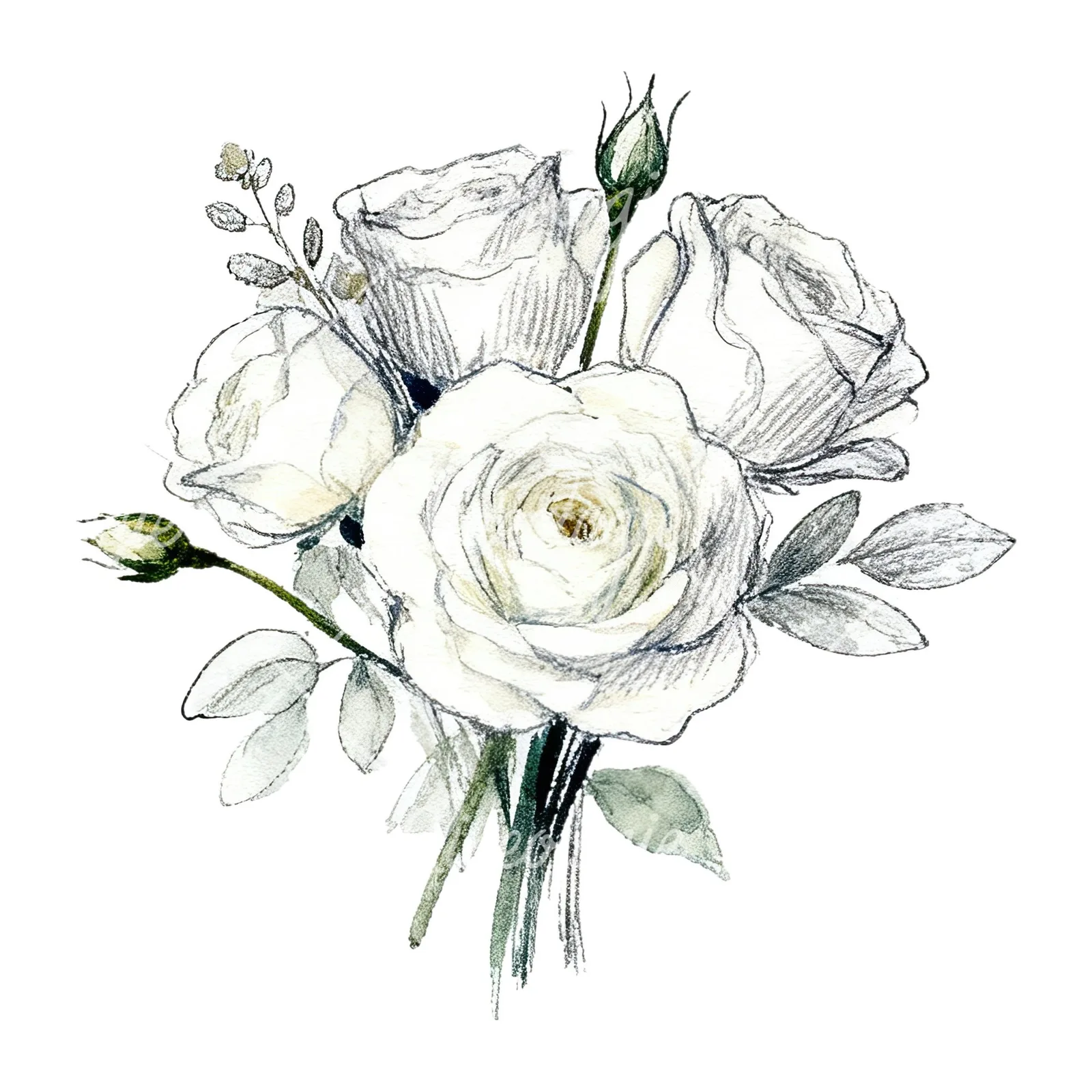 Watercolor white rose bouquet with greenery clipart 7 of 12 on a white background (JPG)