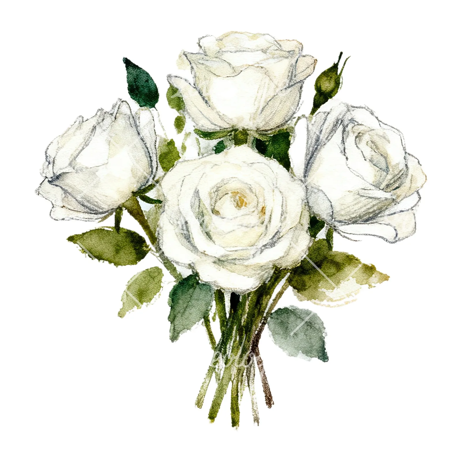 Watercolor white rose bouquet with greenery clipart 8 of 12 on a white background (JPG)