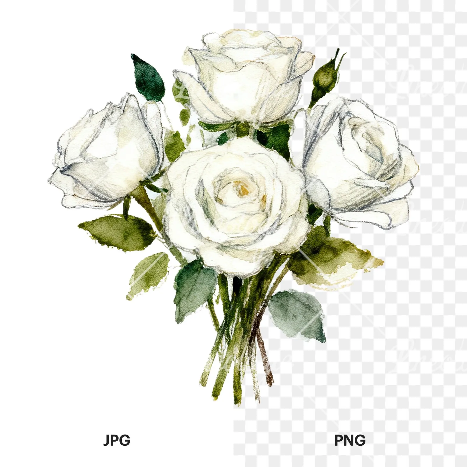 Watercolor white rose bouquet with greenery clipart 8 of 12, as a JPG on white and a transparent PNG
