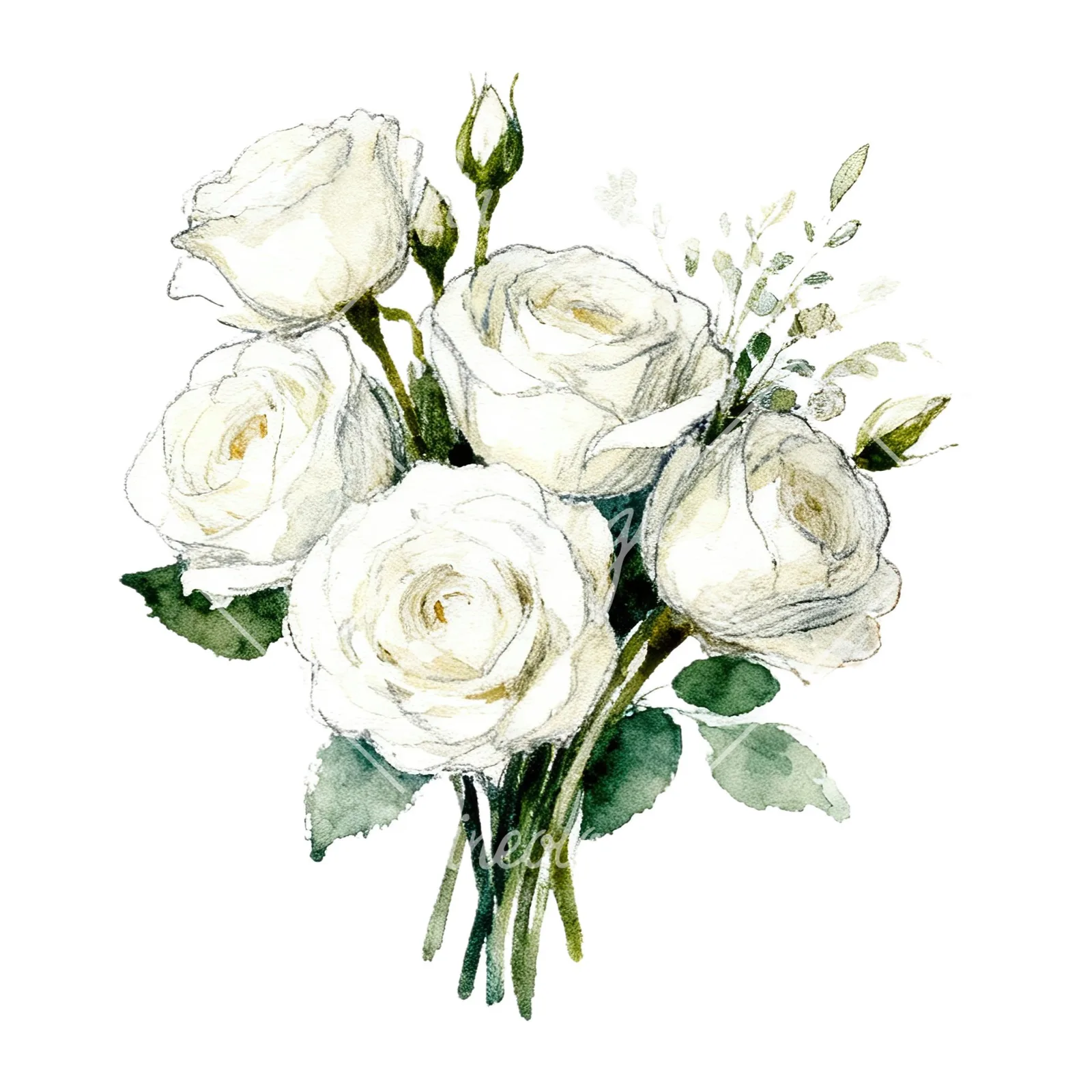 Watercolor white rose bouquet with greenery clipart 9 of 12 on a white background (JPG)