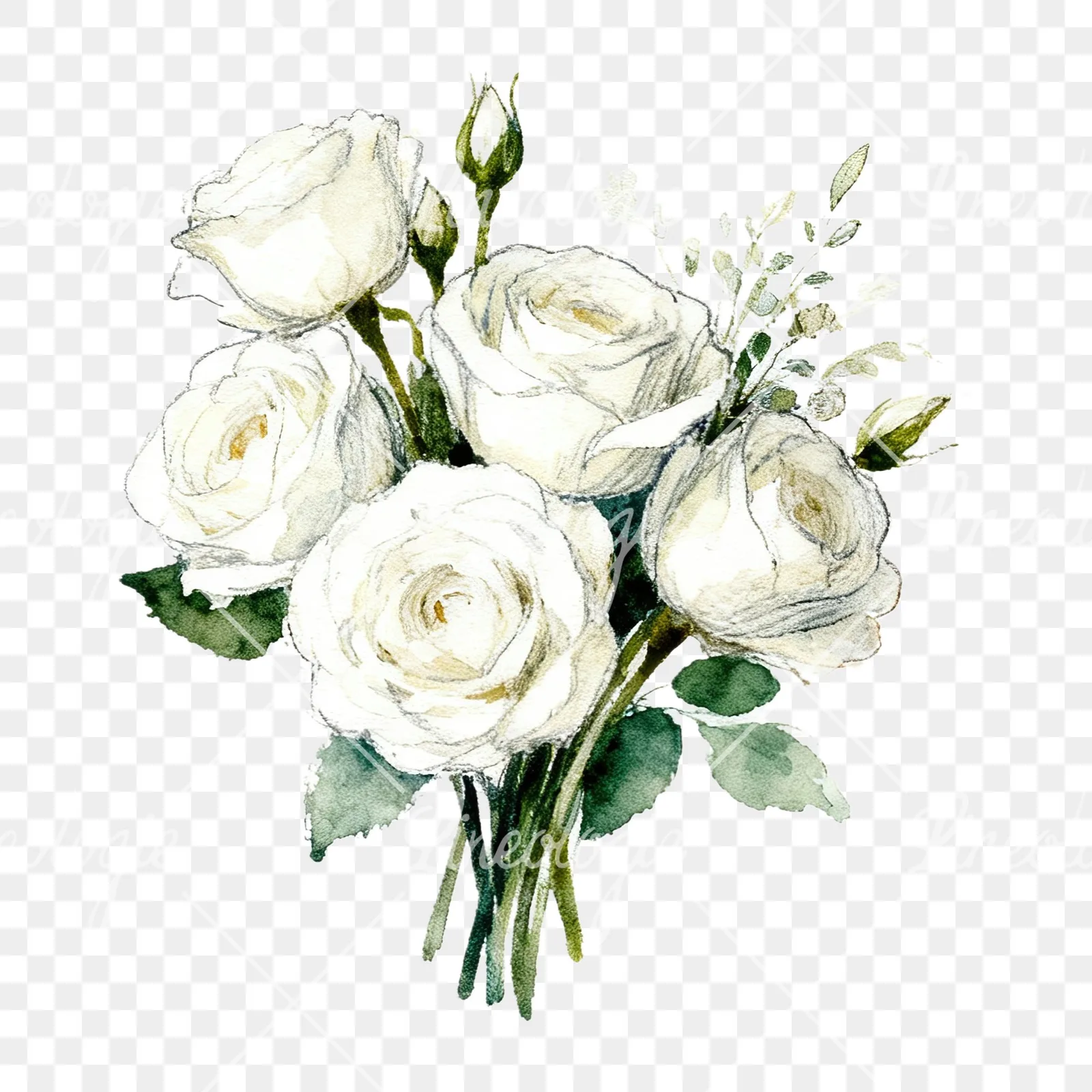 Watercolor white rose bouquet with greenery clipart 9 of 12 on a transparent background (PNG)
