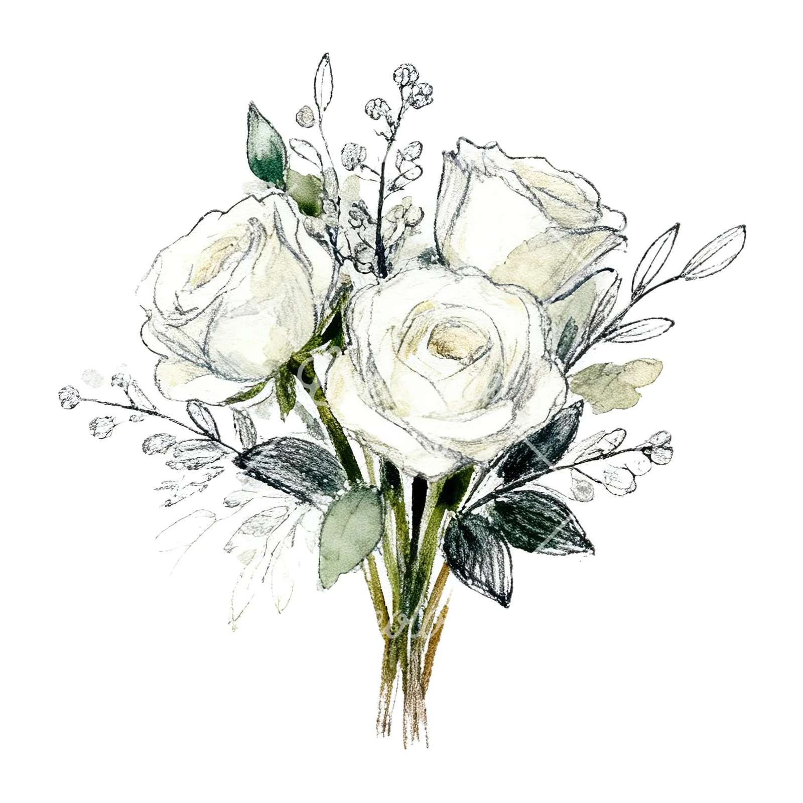 Watercolor white rose bouquet with greenery clipart 10 of 12 on a white background (JPG)