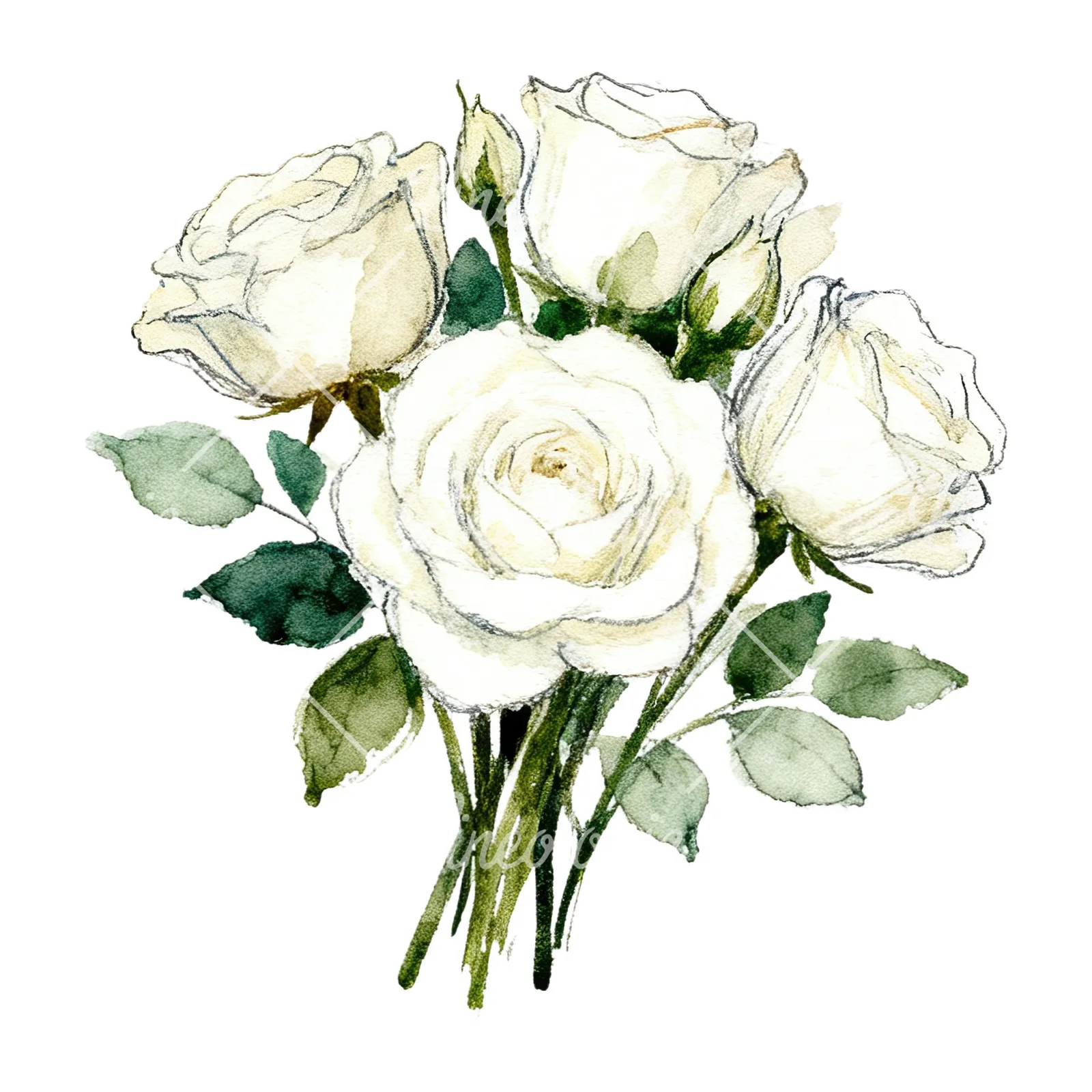 Watercolor white rose bouquet with greenery clipart 11 of 12 on a white background (JPG)