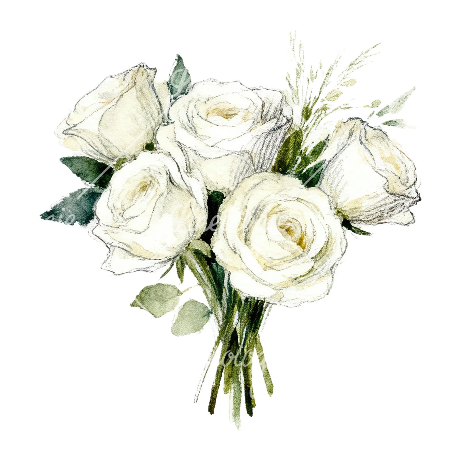 Watercolor white rose bouquet with greenery clipart 12 of 12 on a white background (JPG)