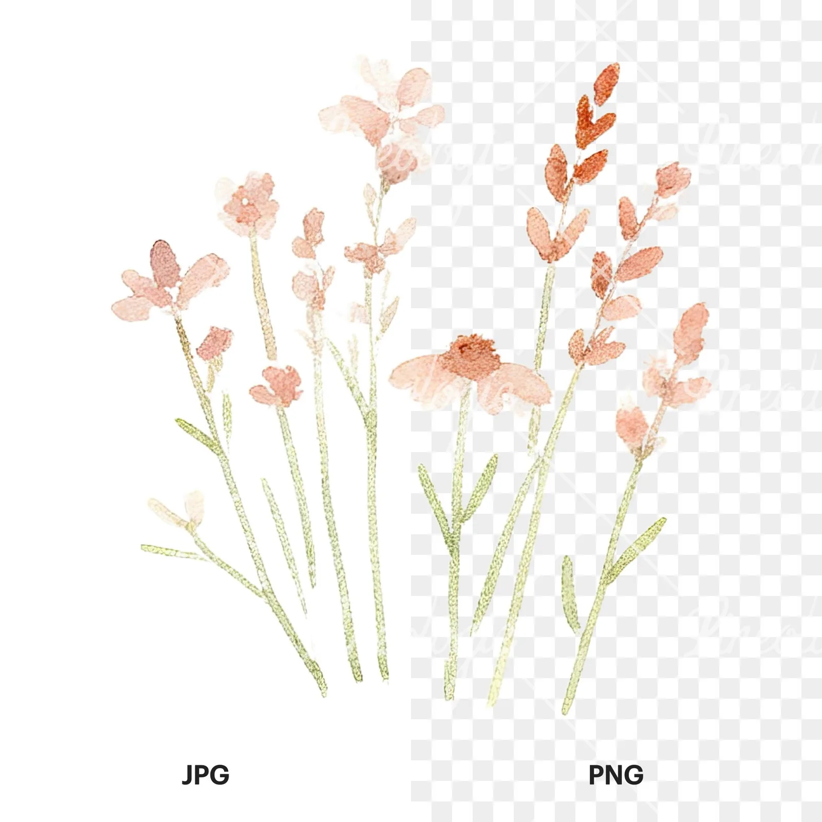 Watercolor summer meadow flower mix clipart 1 of 20, as a JPG on white and a transparent PNG
