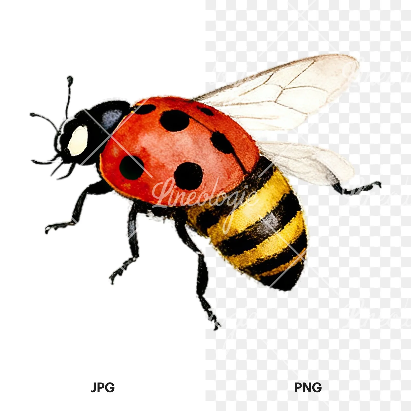 Watercolor summer meadow mix with insects clipart 3 of 16, as a JPG on white and a transparent PNG