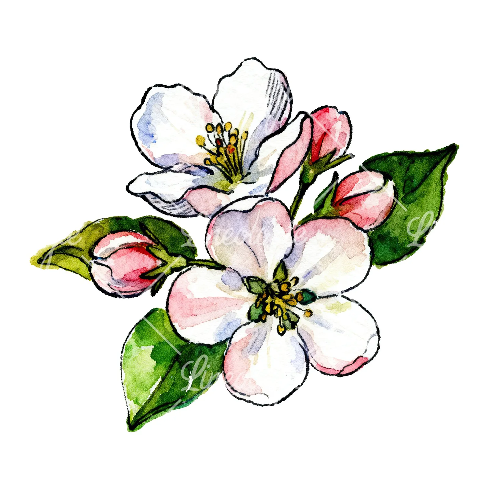 Watercolor apple blossom with green leaves clipart 3 of 6 on a white background (JPG)