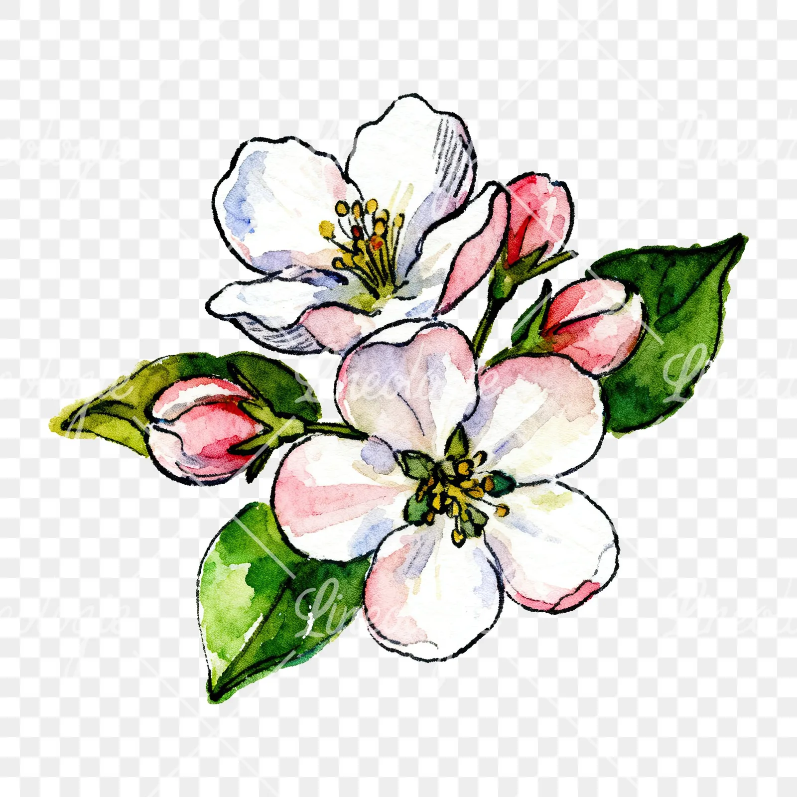 Watercolor apple blossom with green leaves clipart 3 of 6 on a transparent background (PNG)