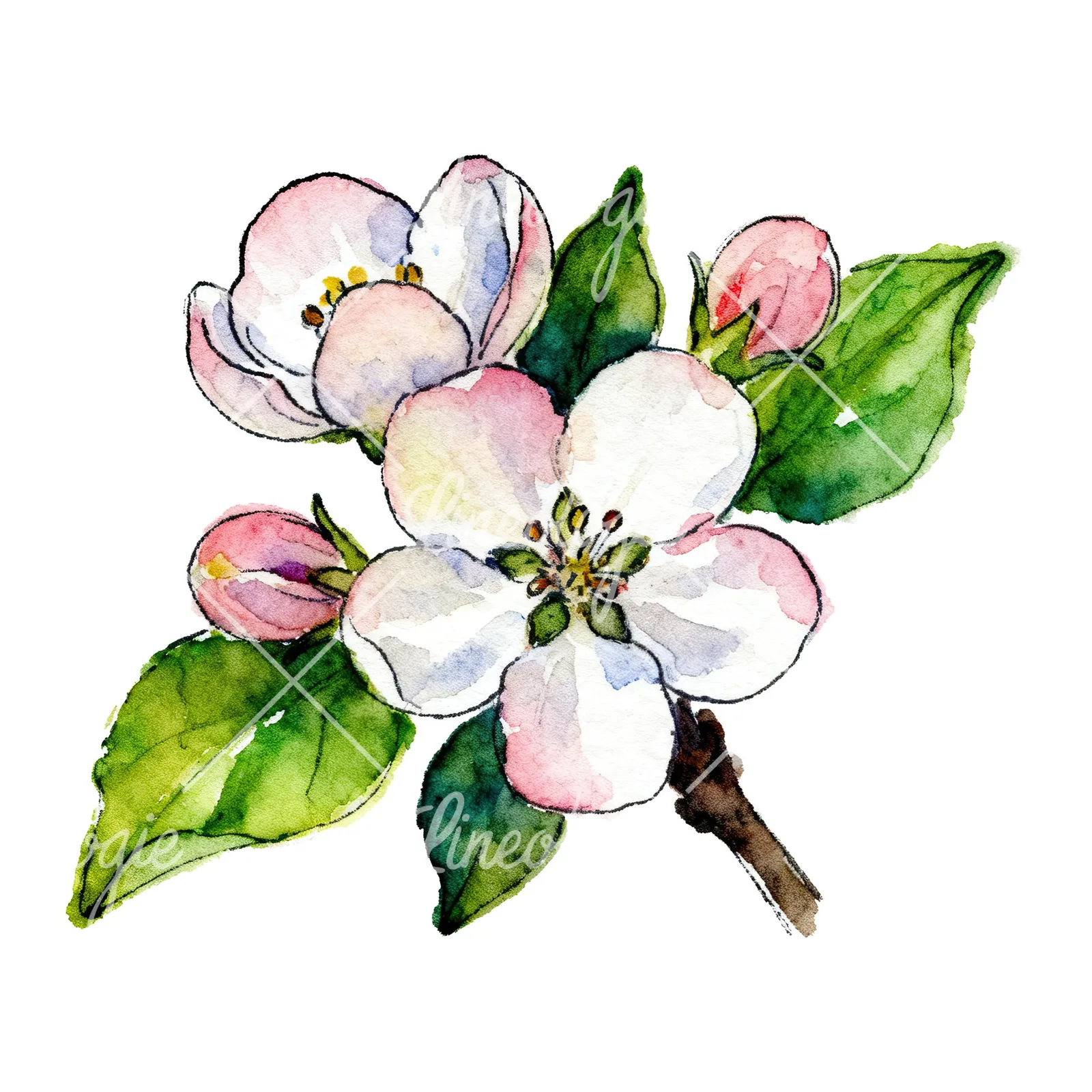Watercolor apple blossom with green leaves clipart 4 of 6 on a white background (JPG)