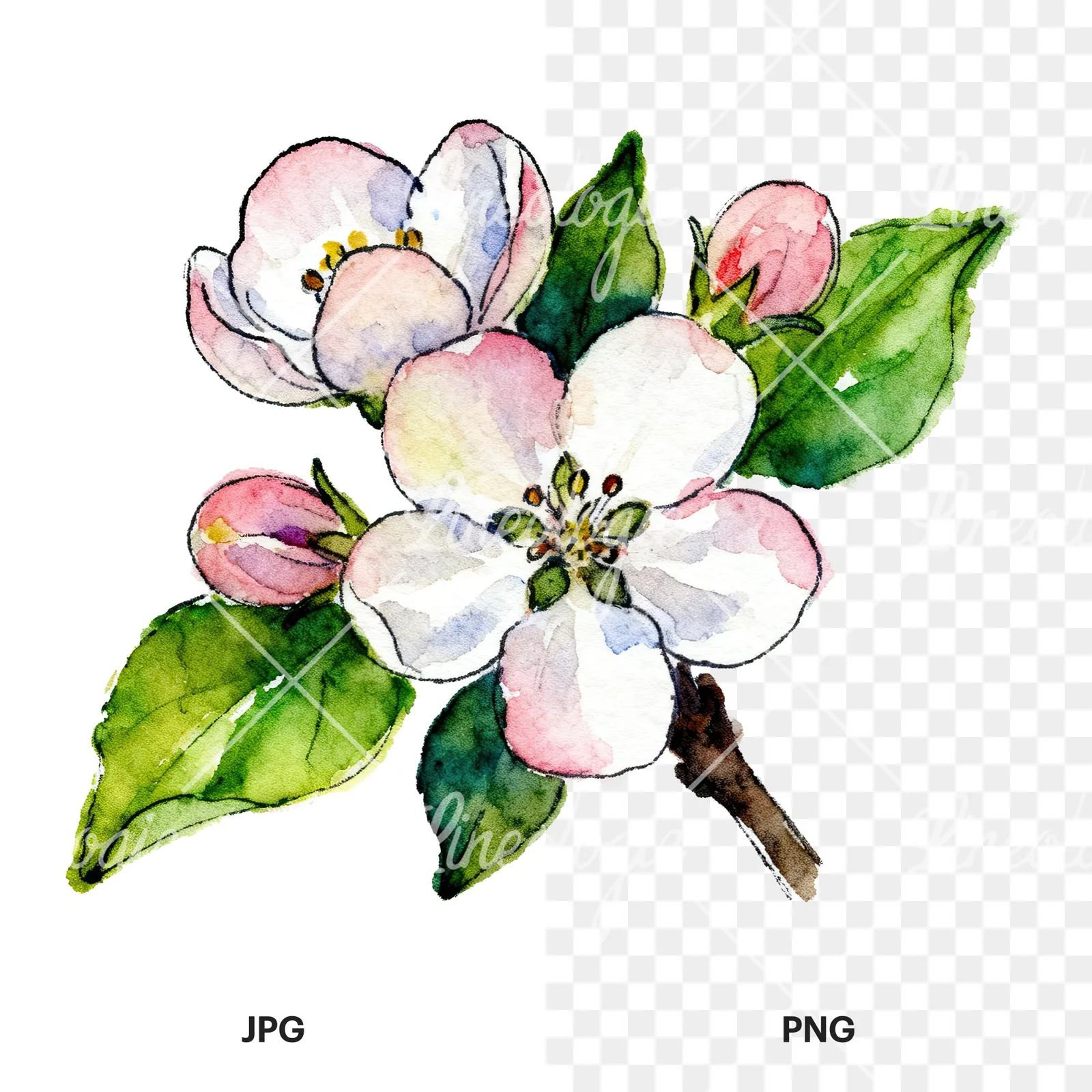 Watercolor apple blossom with green leaves clipart 4 of 6, as a JPG on white and a transparent PNG