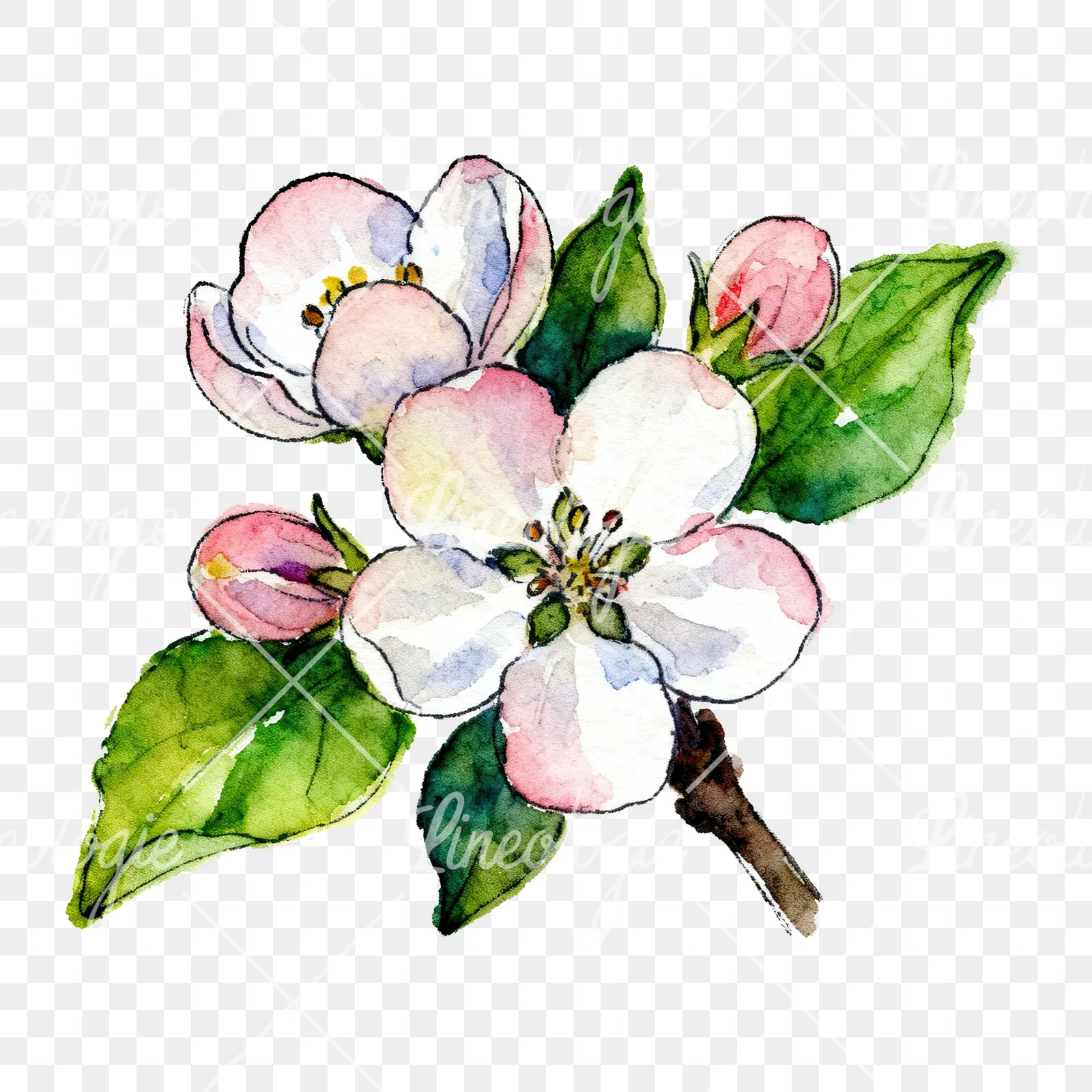 Watercolor apple blossom with green leaves clipart 4 of 6 on a transparent background (PNG)