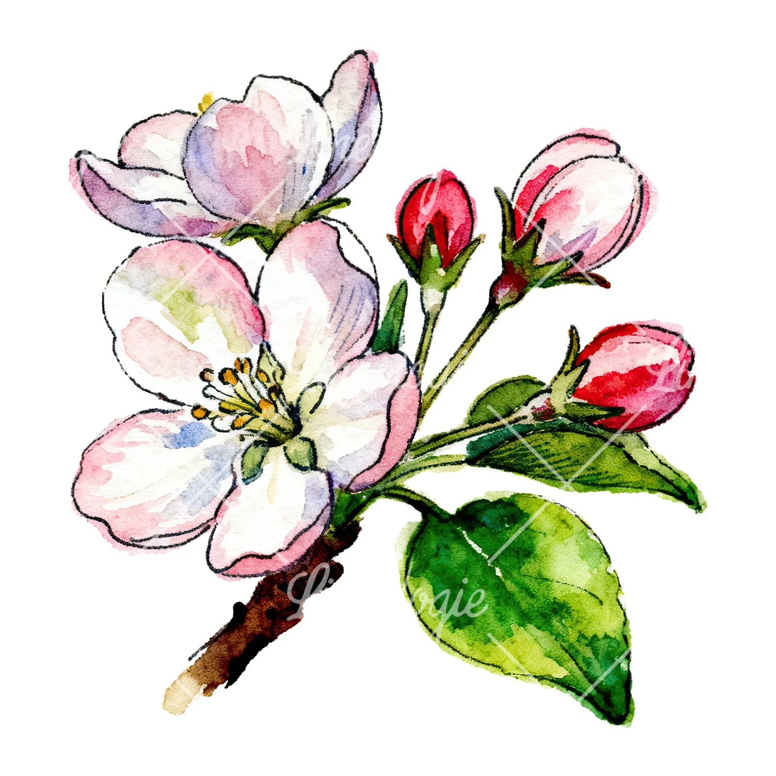 Watercolor apple blossom with green leaves clipart 6 of 6 on a white background (JPG)