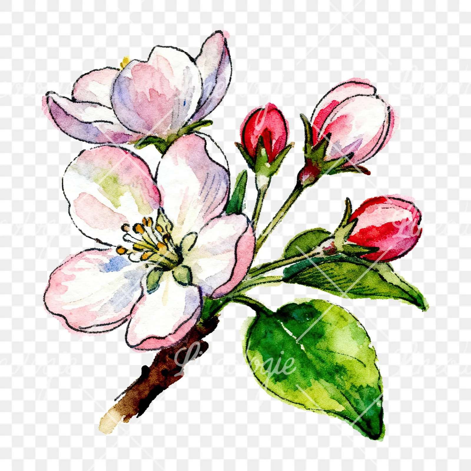 Watercolor apple blossom with green leaves clipart 6 of 6 on a transparent background (PNG)