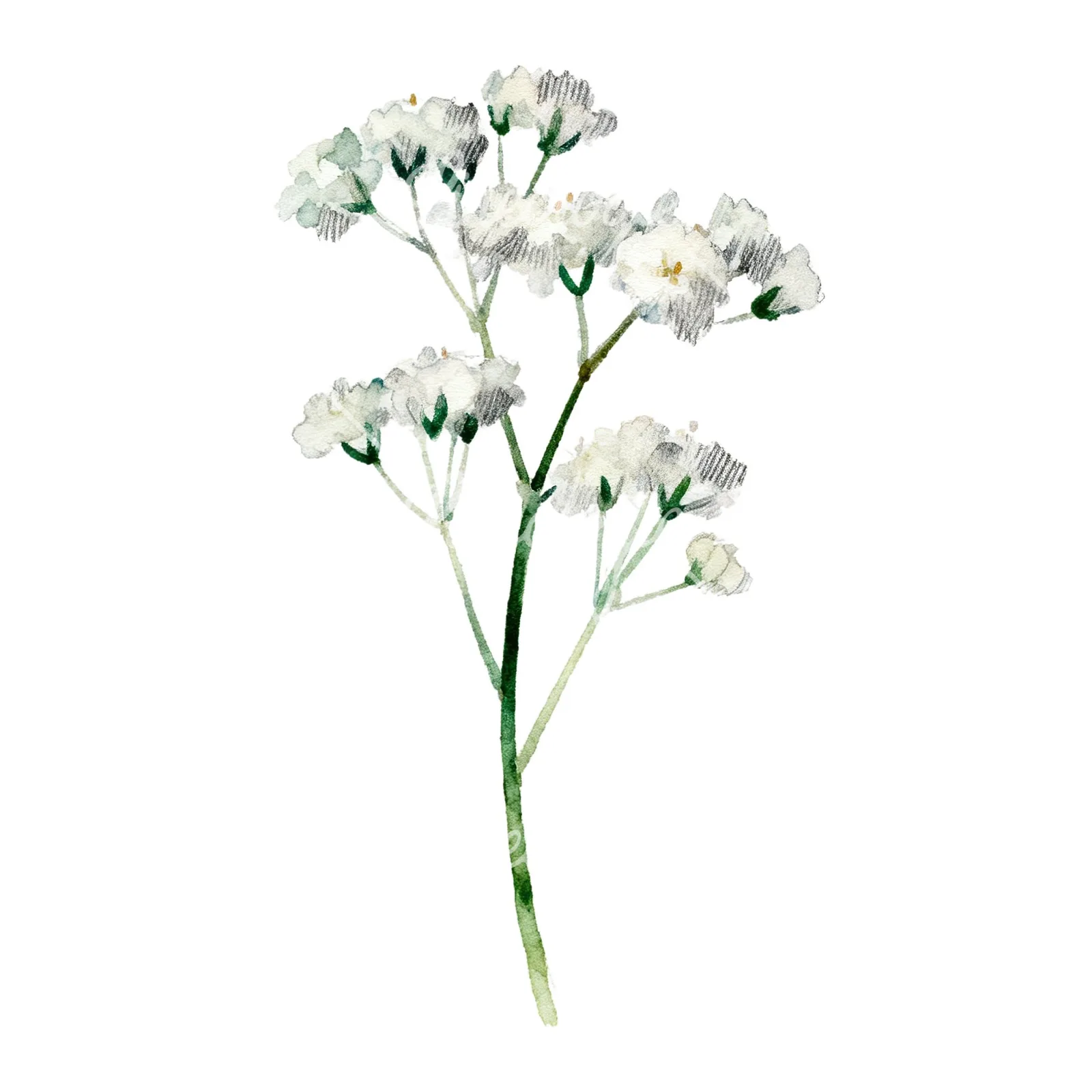 Watercolor babys breath flower sprig clipart 3 of 6 on a white background (JPG)