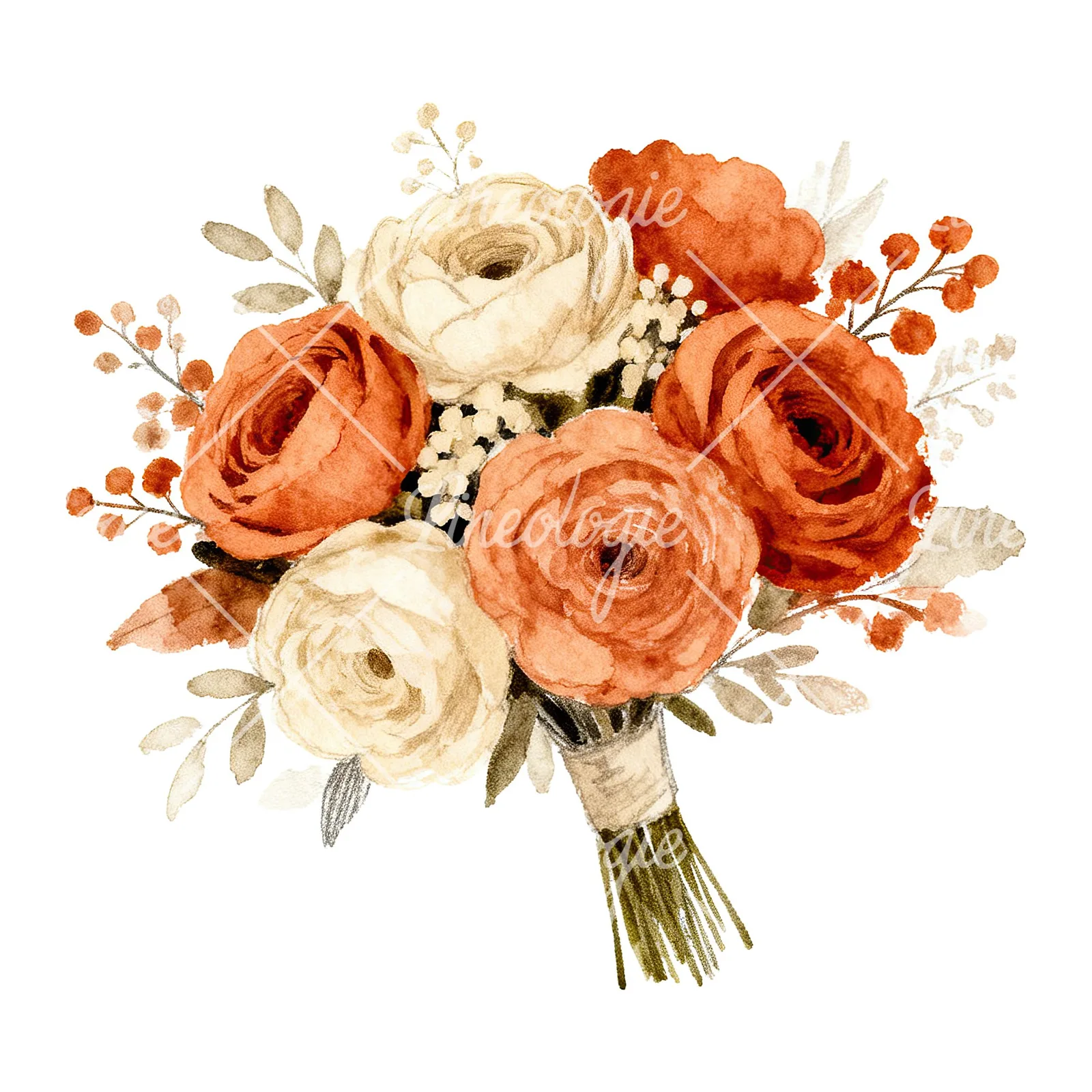 Watercolor boho terracotta and cream wedding bouquet clipart 1 of 6 on a white background (JPG)