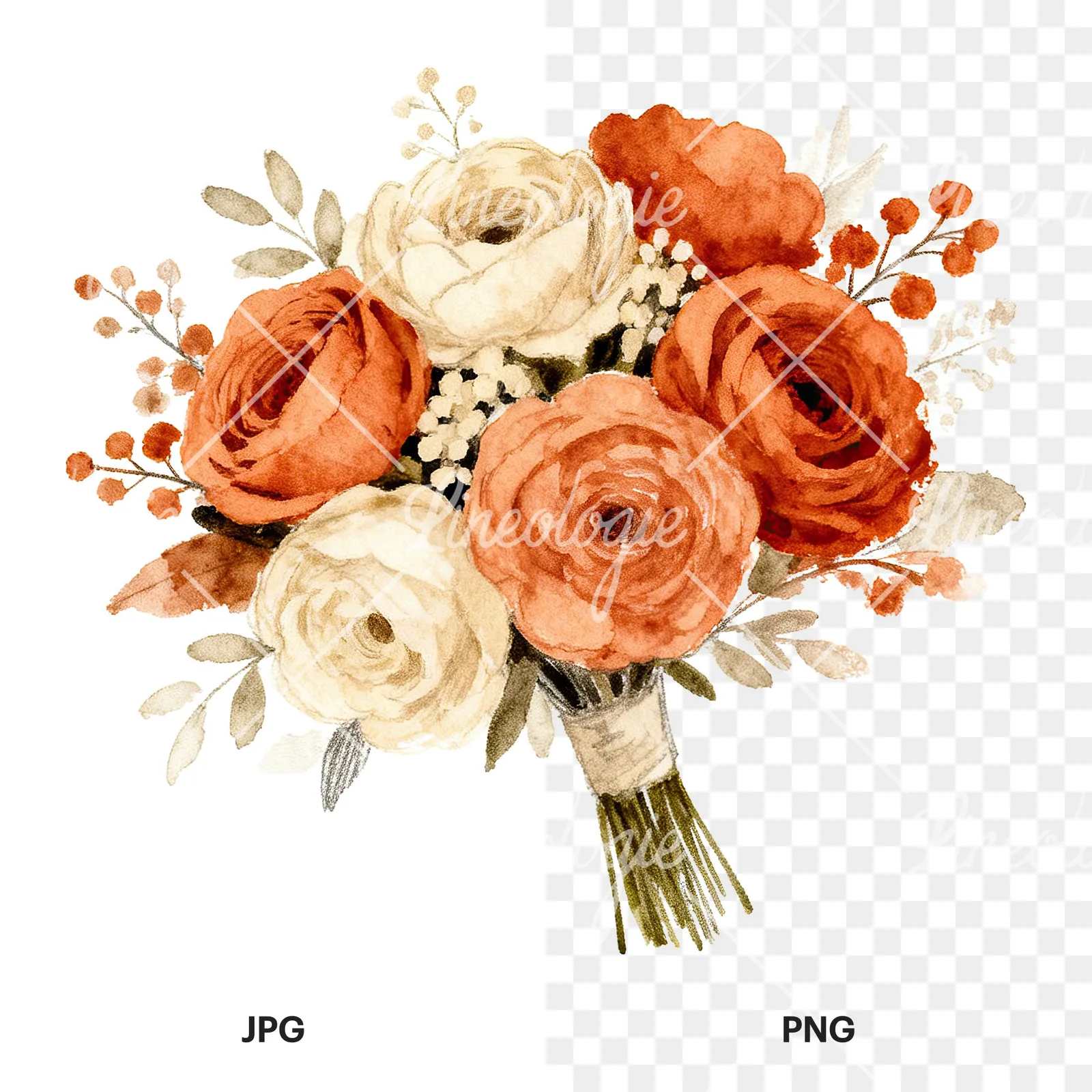 Watercolor boho terracotta and cream wedding bouquet clipart 1 of 6, as a JPG on white and a transparent PNG