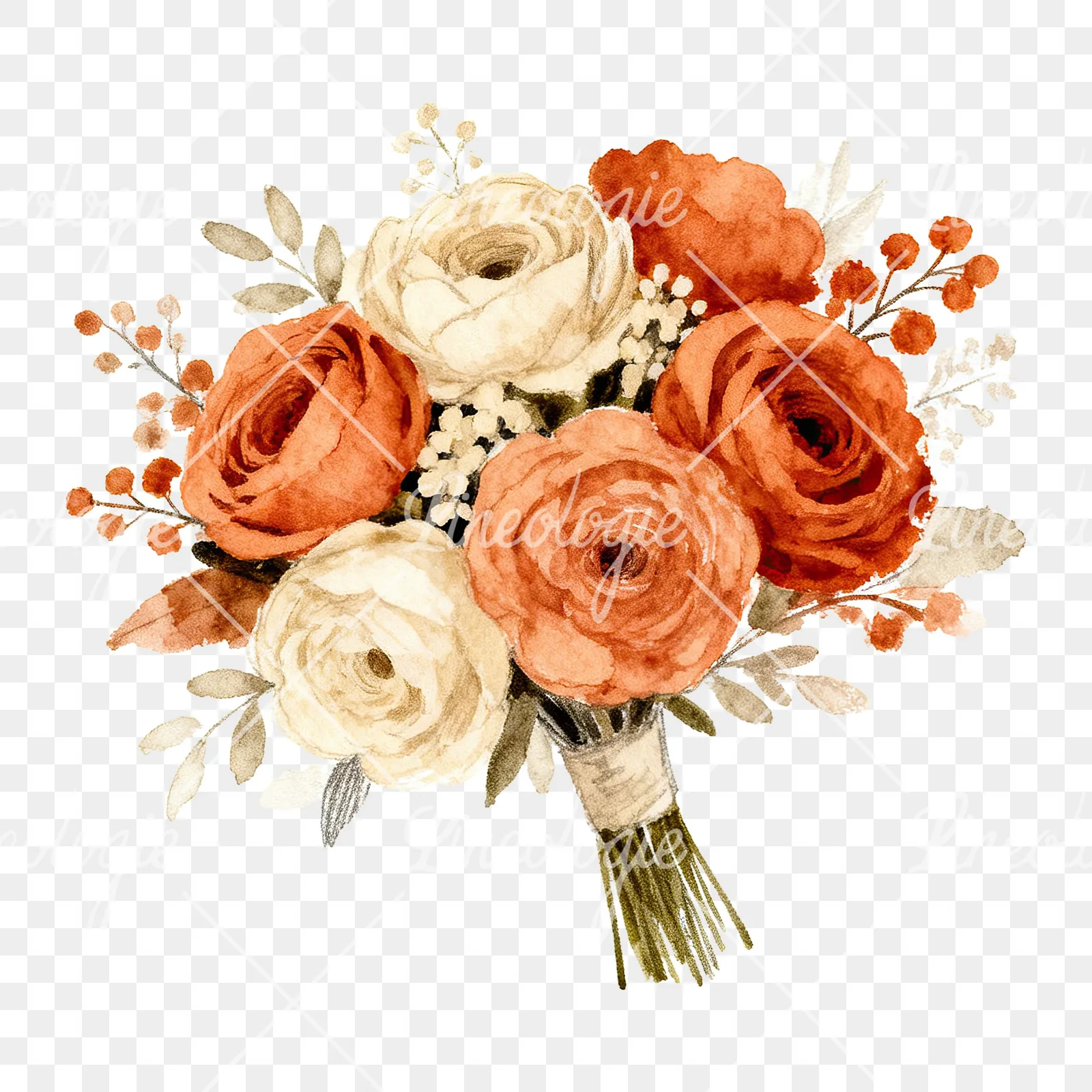 Watercolor boho terracotta and cream wedding bouquet clipart 1 of 6 on a transparent background (PNG)