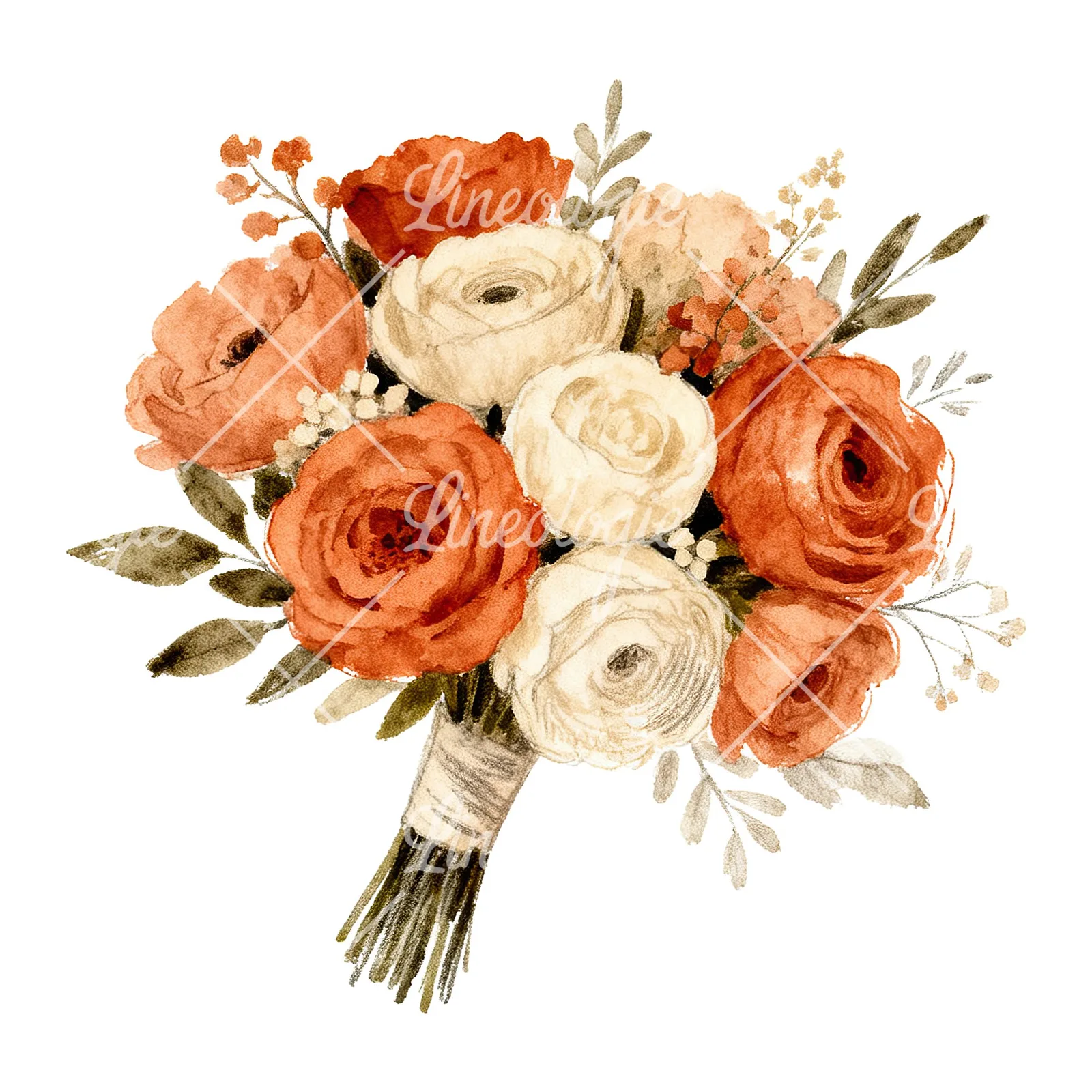 Watercolor boho terracotta and cream wedding bouquet clipart 2 of 6 on a white background (JPG)