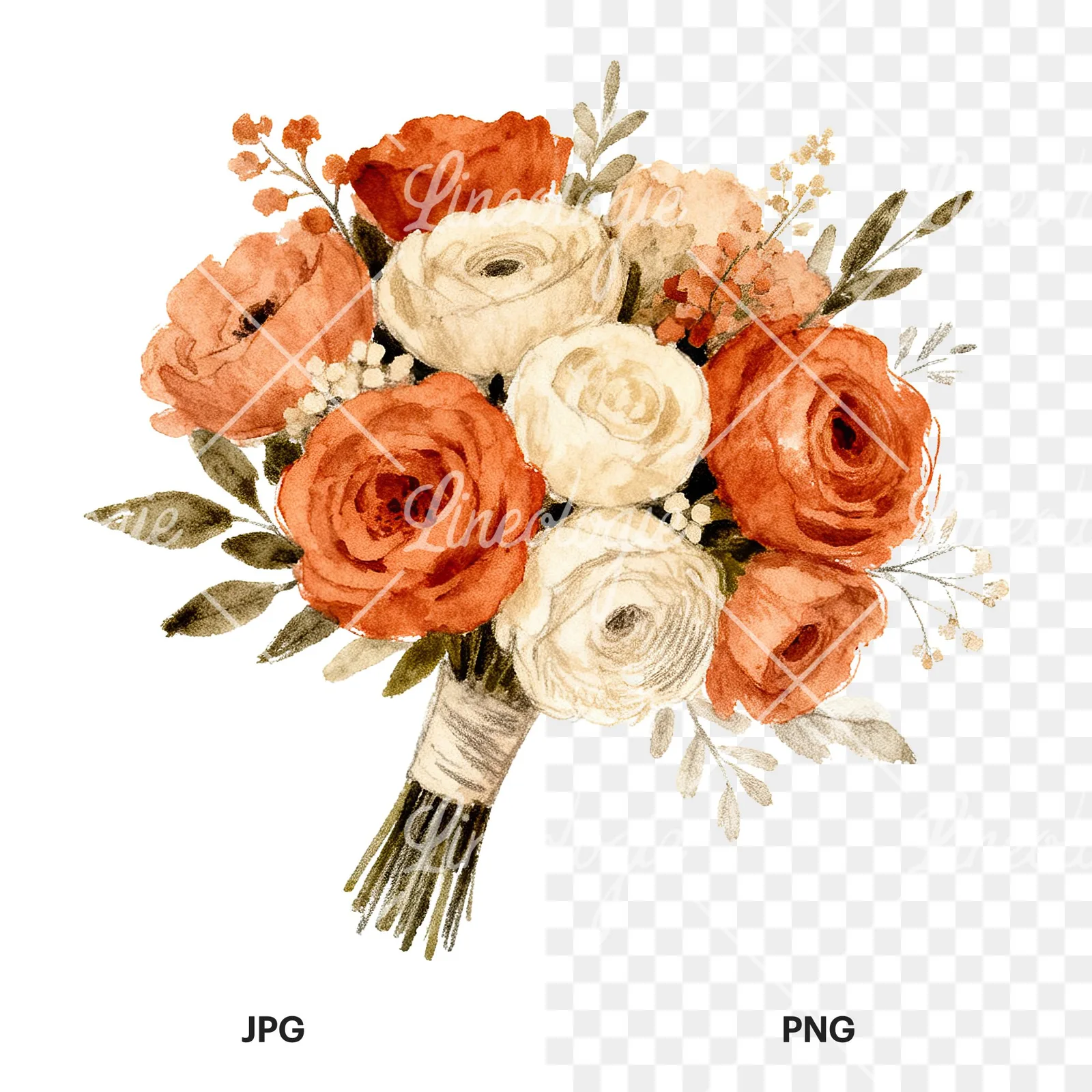 Watercolor boho terracotta and cream wedding bouquet clipart 2 of 6, as a JPG on white and a transparent PNG
