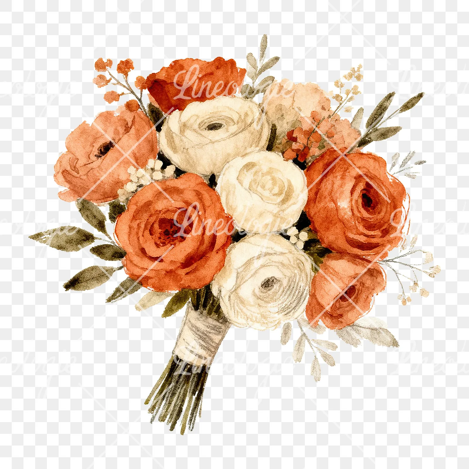 Watercolor boho terracotta and cream wedding bouquet clipart 2 of 6 on a transparent background (PNG)