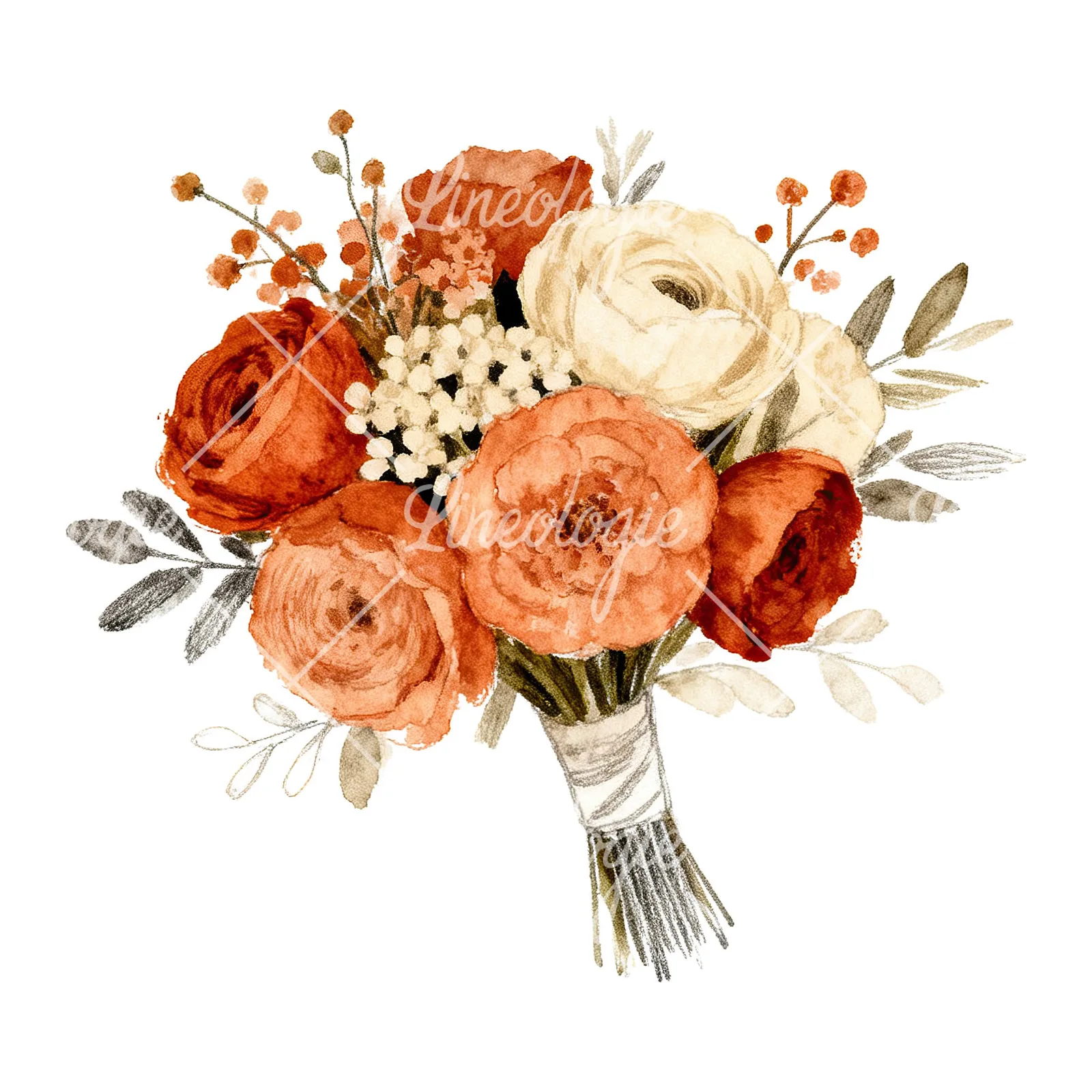 Watercolor boho terracotta and cream wedding bouquet clipart 3 of 6 on a white background (JPG)