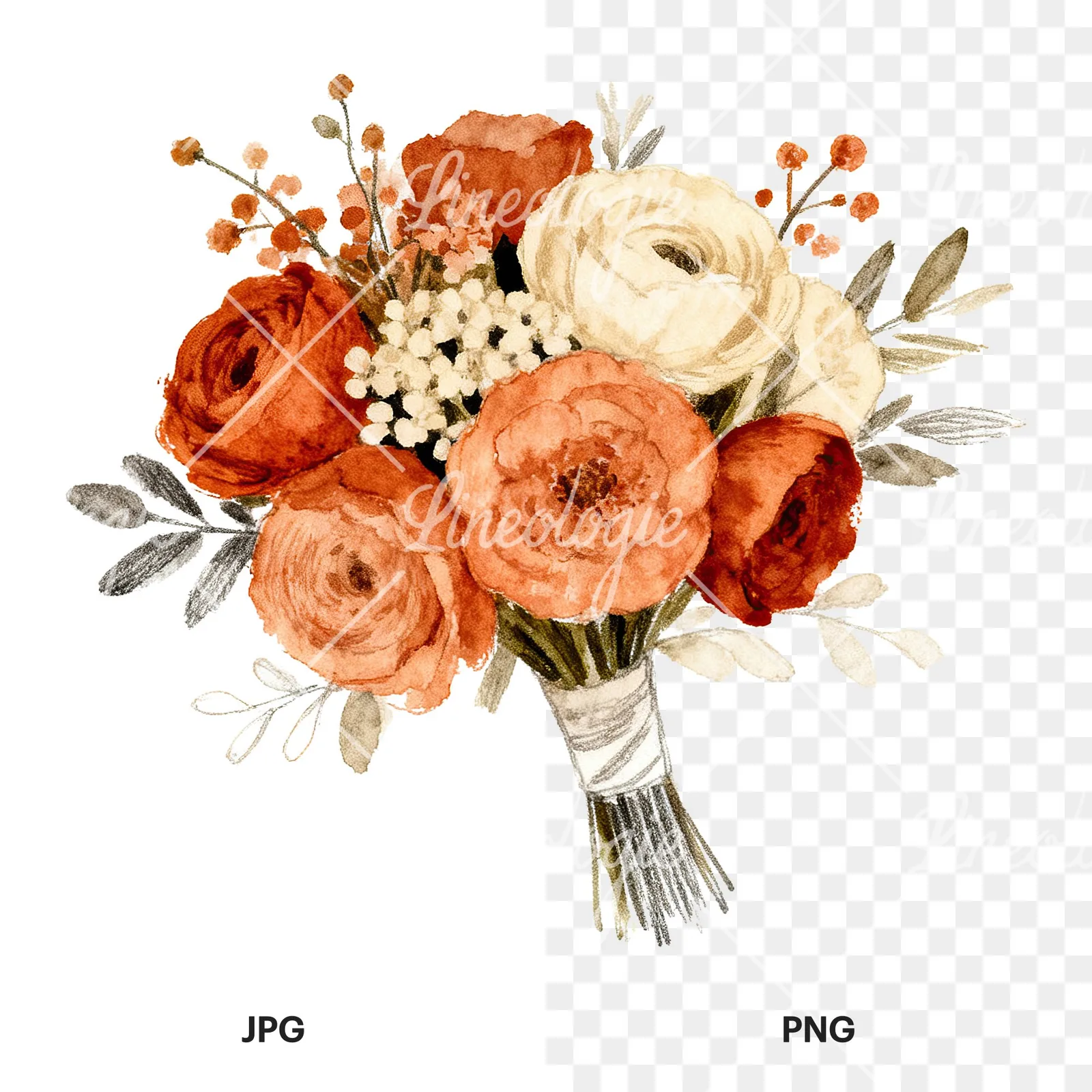 Watercolor boho terracotta and cream wedding bouquet clipart 3 of 6, as a JPG on white and a transparent PNG