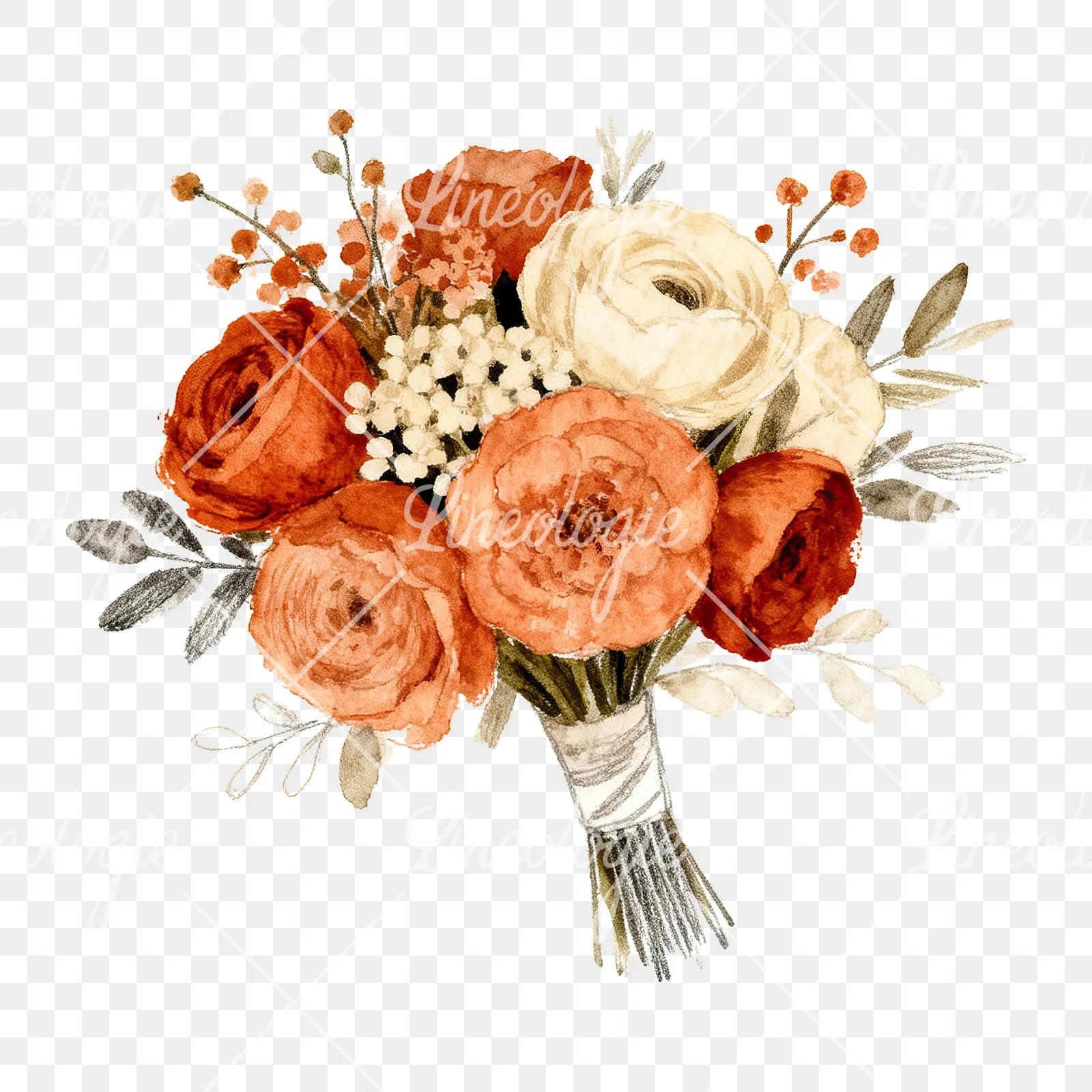 Watercolor boho terracotta and cream wedding bouquet clipart 3 of 6 on a transparent background (PNG)