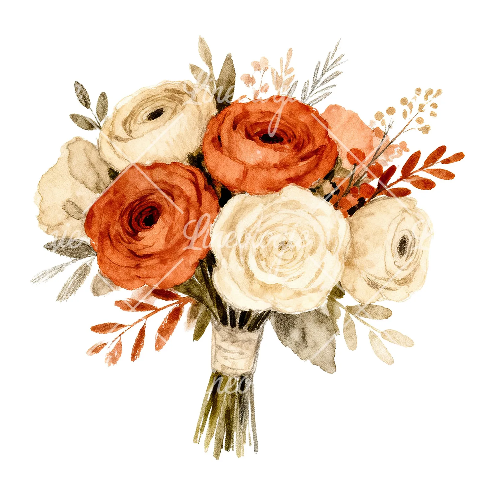 Watercolor boho terracotta and cream wedding bouquet clipart 4 of 6 on a white background (JPG)
