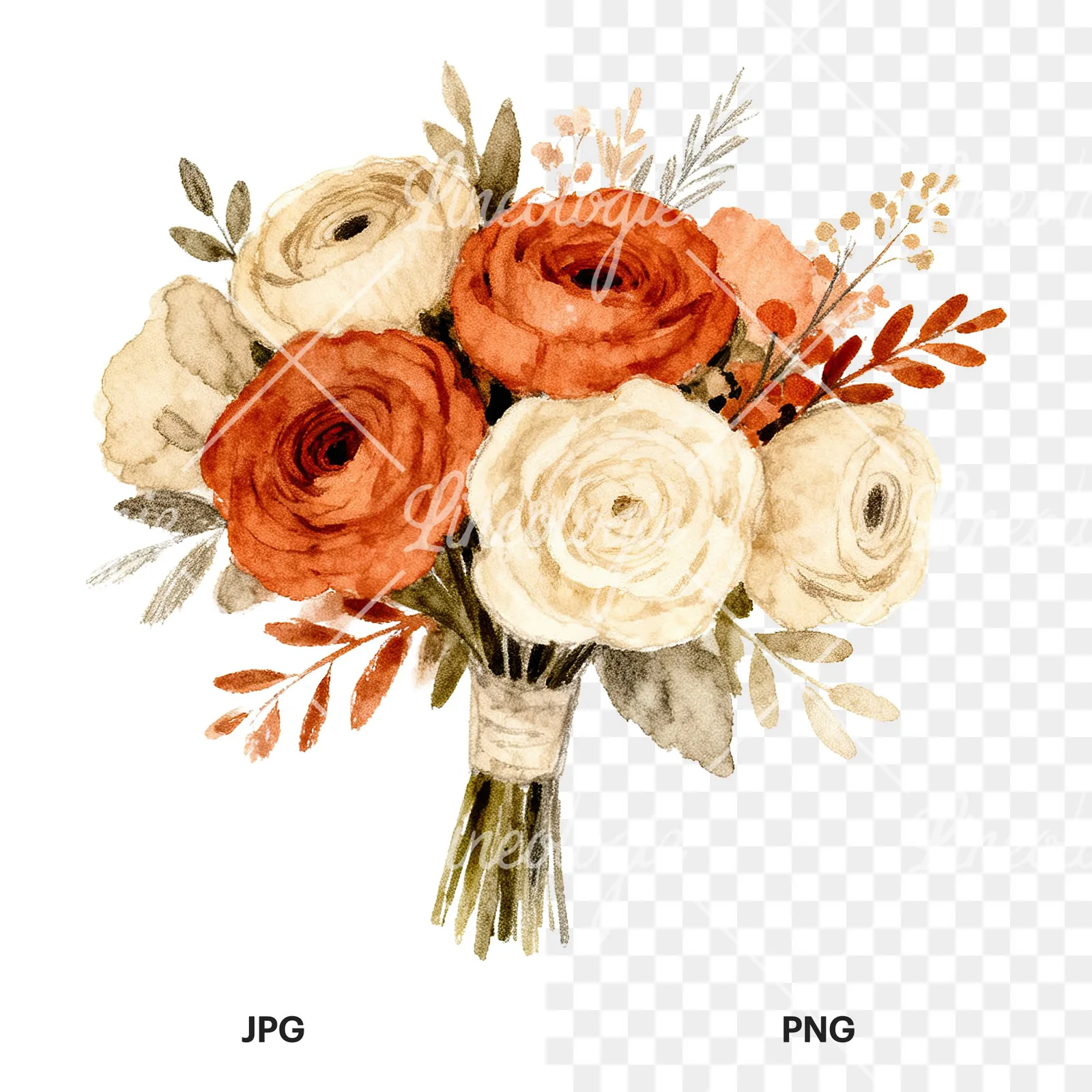 Watercolor boho terracotta and cream wedding bouquet clipart 4 of 6, as a JPG on white and a transparent PNG