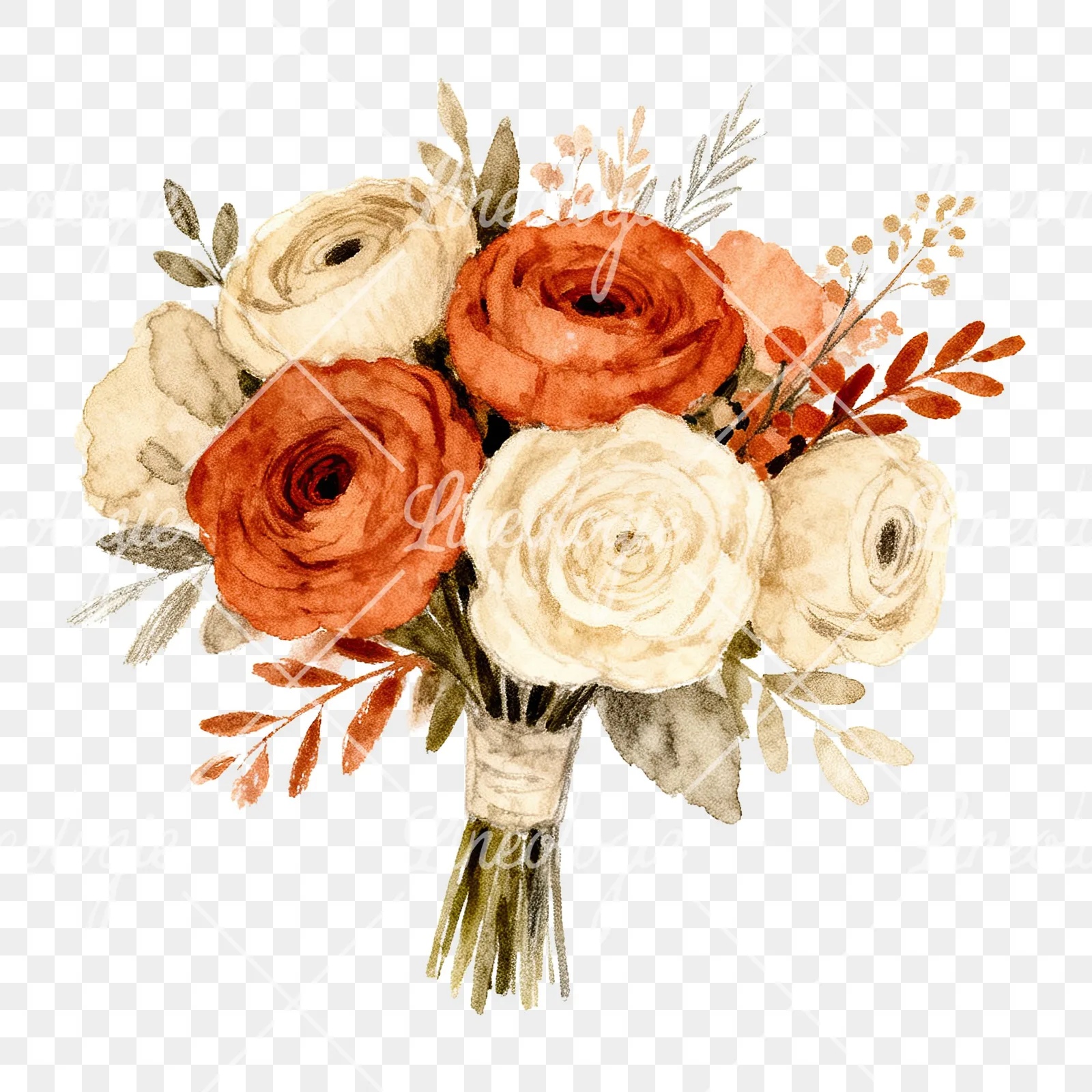 Watercolor boho terracotta and cream wedding bouquet clipart 4 of 6 on a transparent background (PNG)