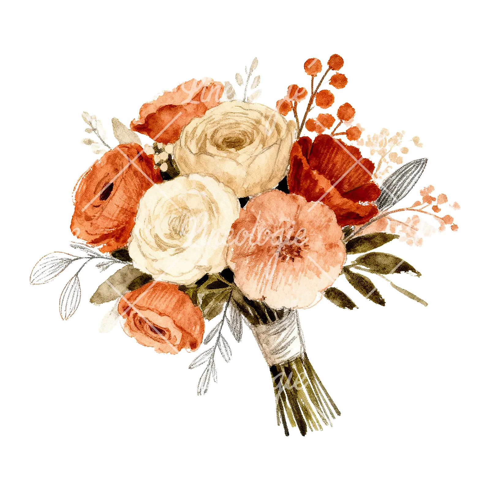 Watercolor boho terracotta and cream wedding bouquet clipart 5 of 6 on a white background (JPG)