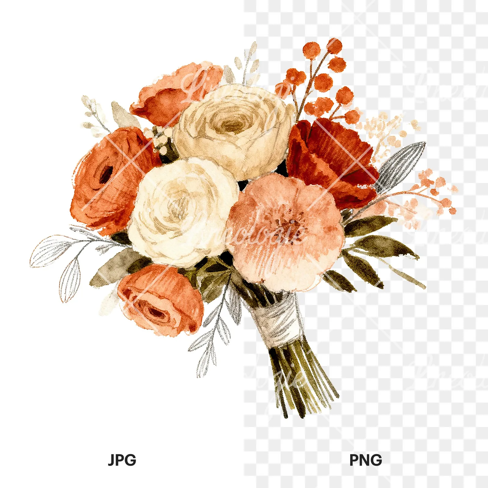 Watercolor boho terracotta and cream wedding bouquet clipart 5 of 6, as a JPG on white and a transparent PNG
