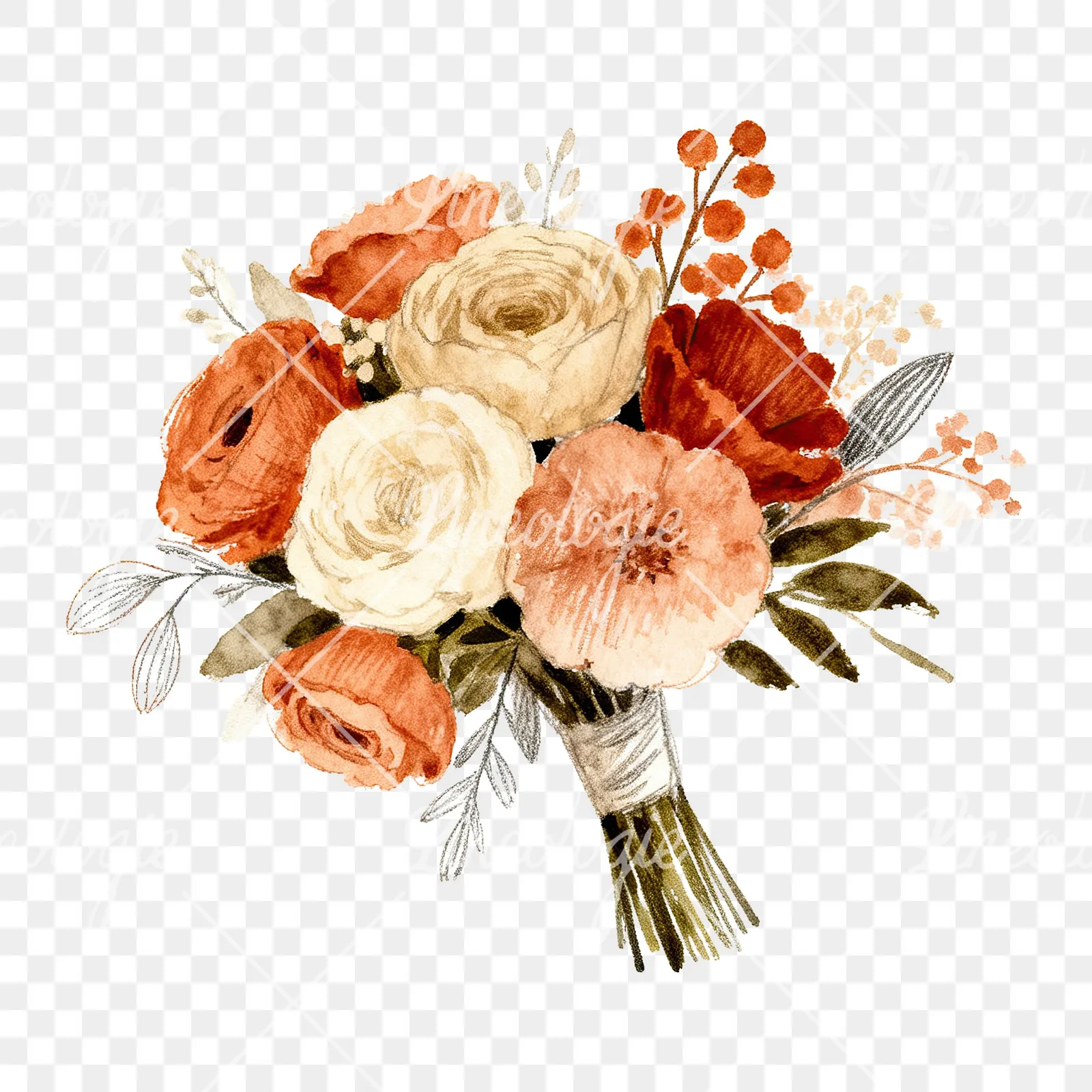 Watercolor boho terracotta and cream wedding bouquet clipart 5 of 6 on a transparent background (PNG)