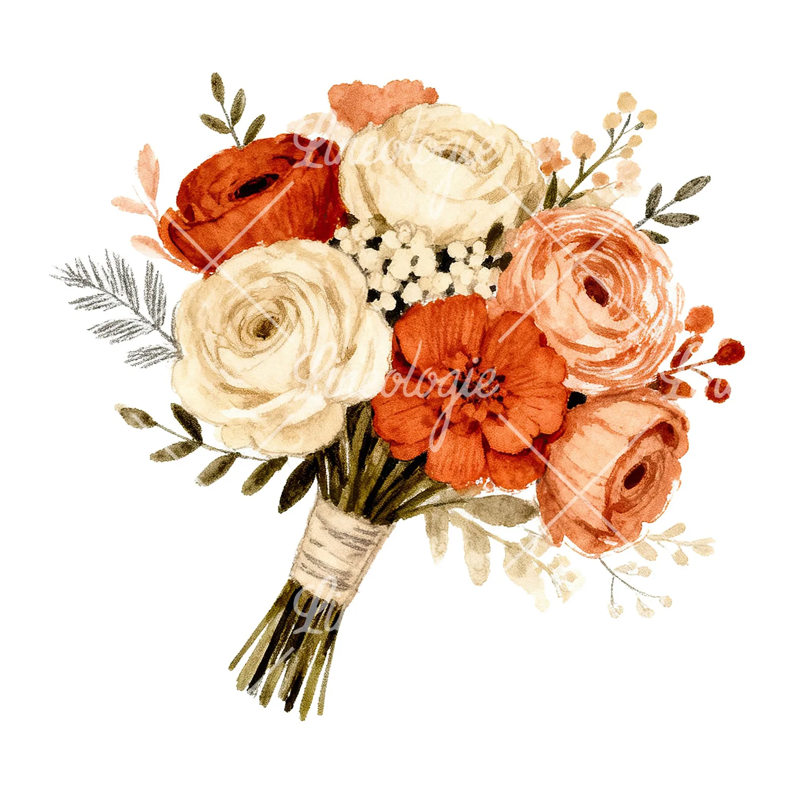 Watercolor boho terracotta and cream wedding bouquet clipart 6 of 6 on a white background (JPG)