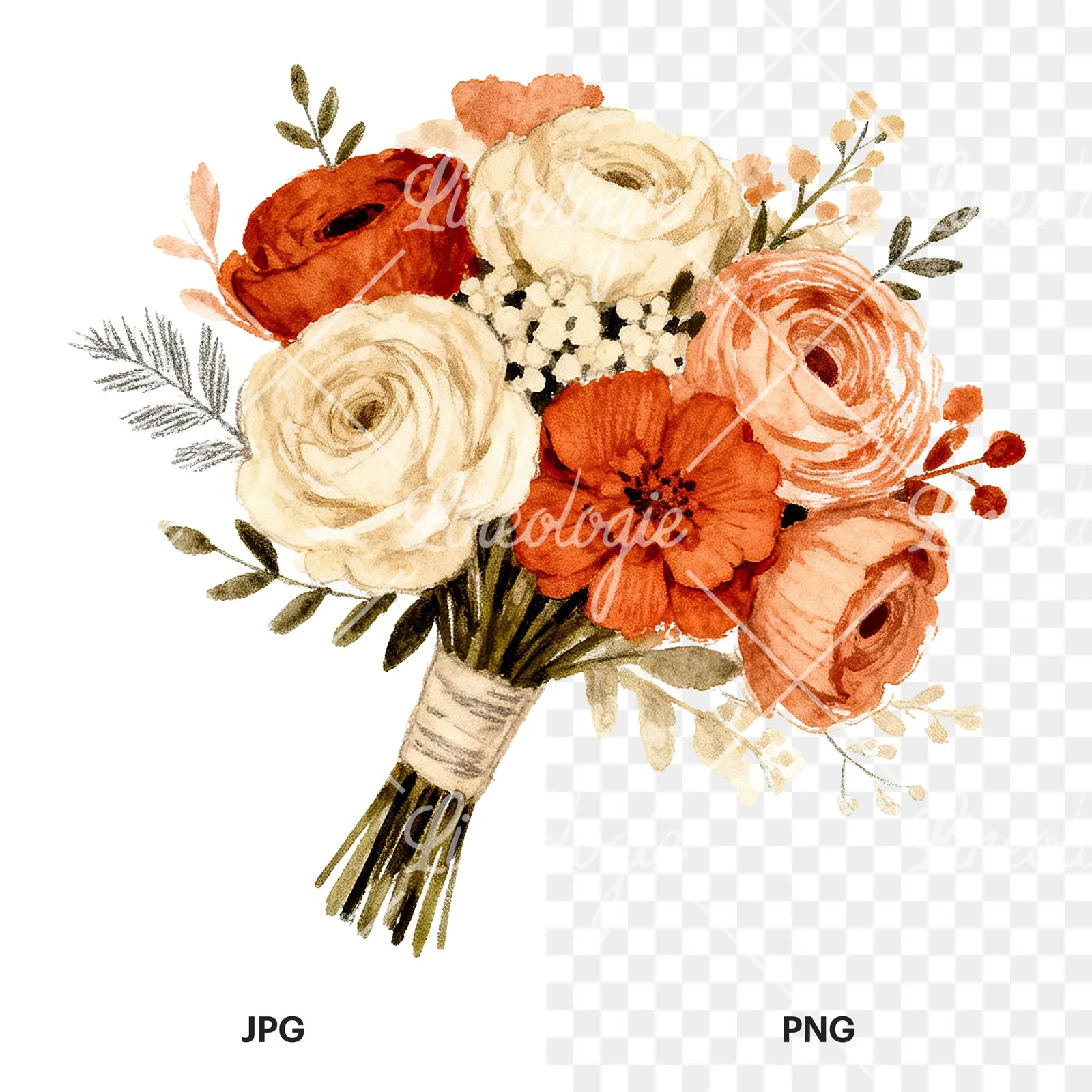 Watercolor boho terracotta and cream wedding bouquet clipart 6 of 6, as a JPG on white and a transparent PNG