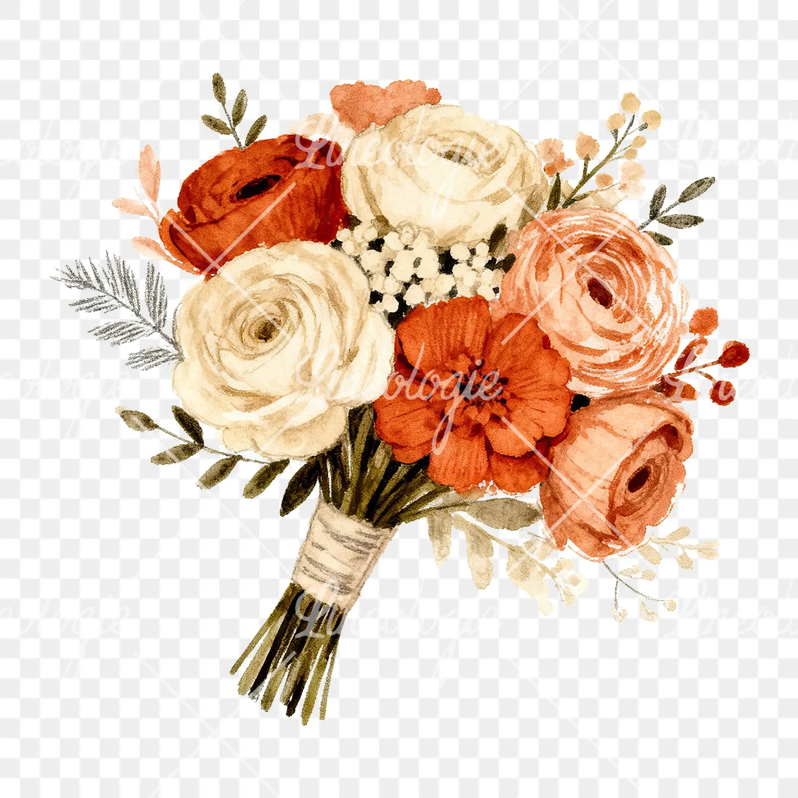 Watercolor boho terracotta and cream wedding bouquet clipart 6 of 6 on a transparent background (PNG)
