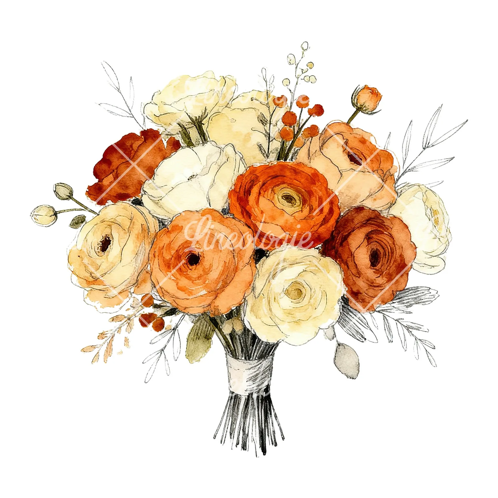 Watercolor burnt orange and cream wedding bouquet clipart 1 of 6 on a white background (JPG)