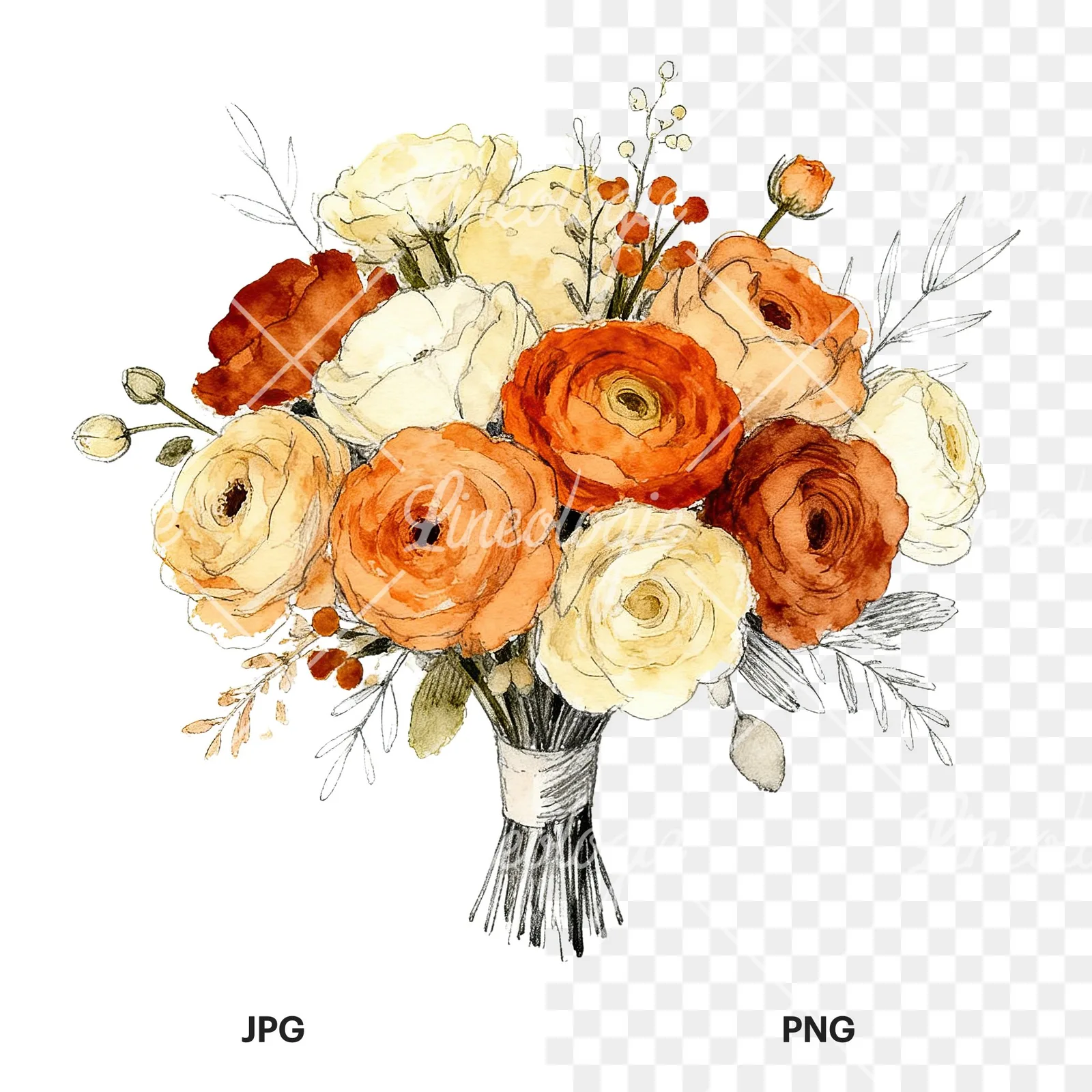 Watercolor burnt orange and cream wedding bouquet clipart 1 of 6, as a JPG on white and a transparent PNG