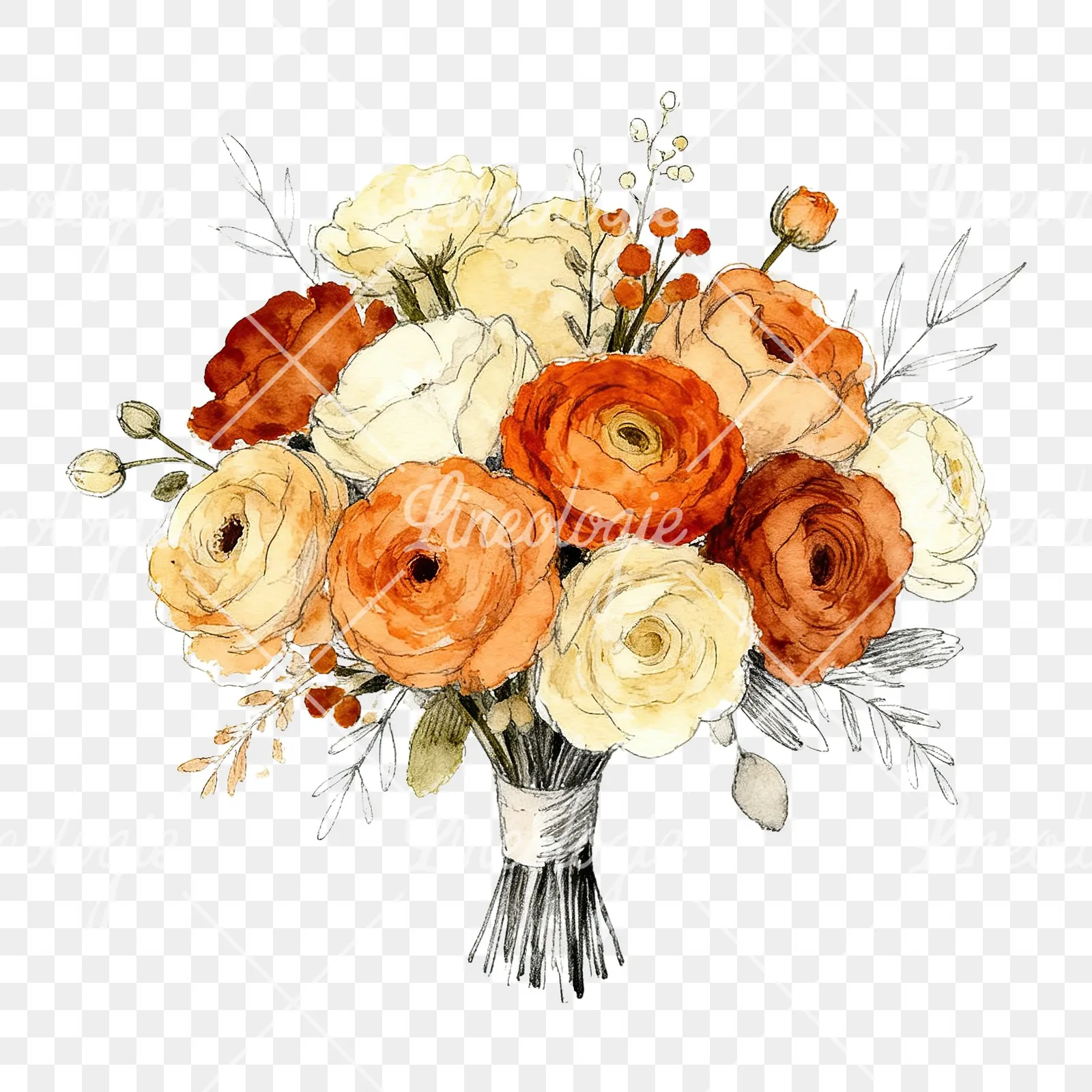 Watercolor burnt orange and cream wedding bouquet clipart 1 of 6 on a transparent background (PNG)