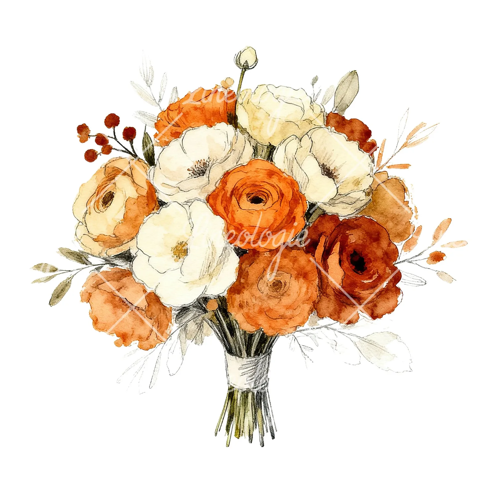 Watercolor burnt orange and cream wedding bouquet clipart 2 of 6 on a white background (JPG)
