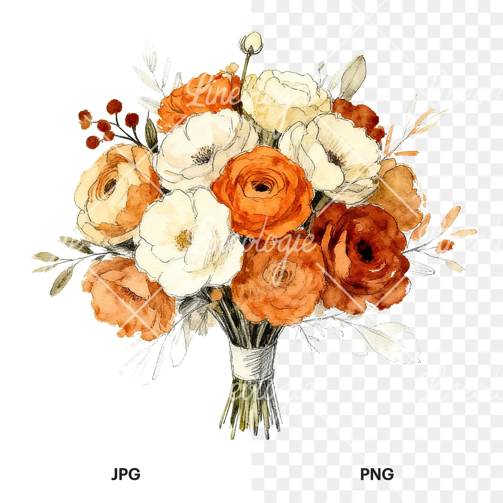 Watercolor burnt orange and cream wedding bouquet clipart 2 of 6, as a JPG on white and a transparent PNG