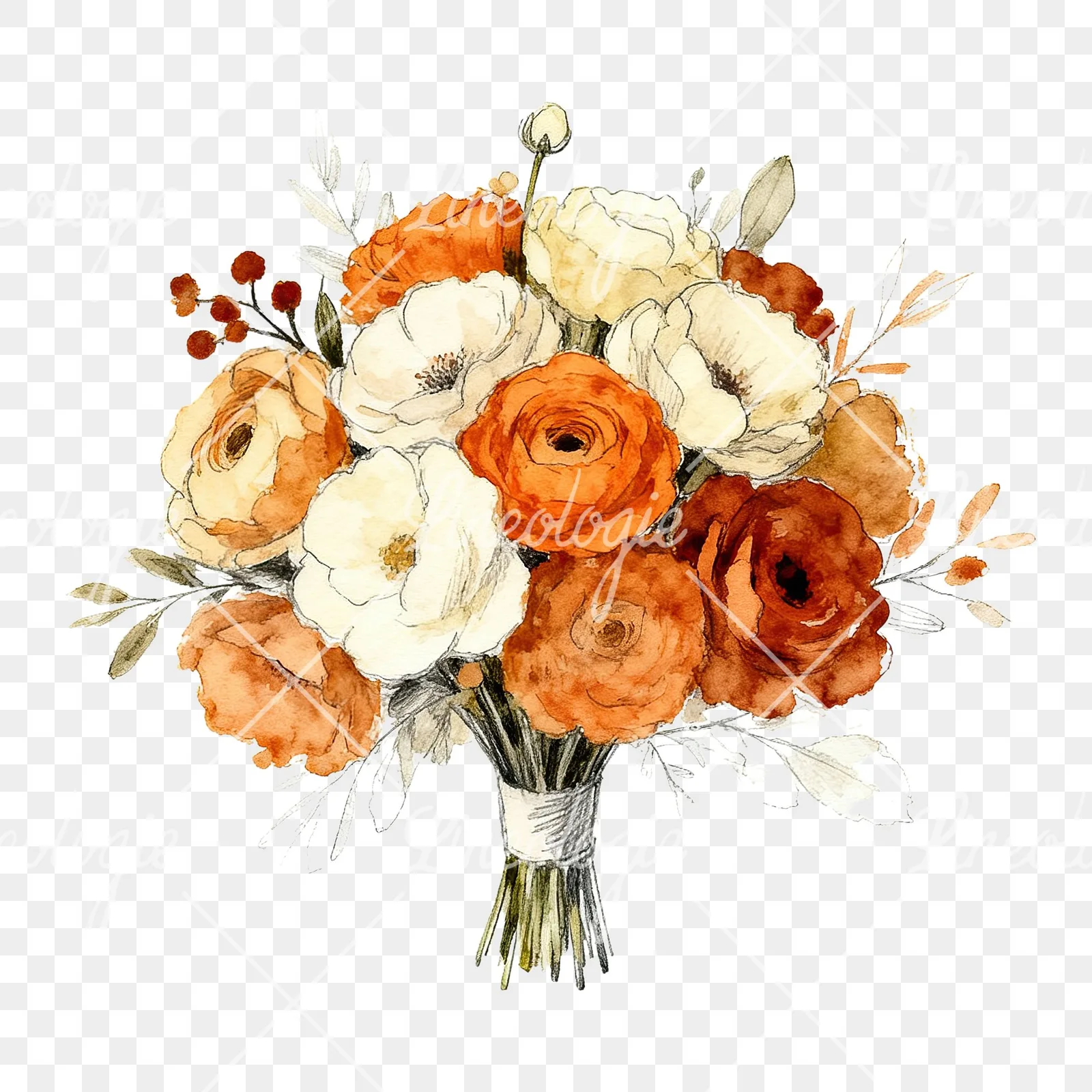 Watercolor burnt orange and cream wedding bouquet clipart 2 of 6 on a transparent background (PNG)